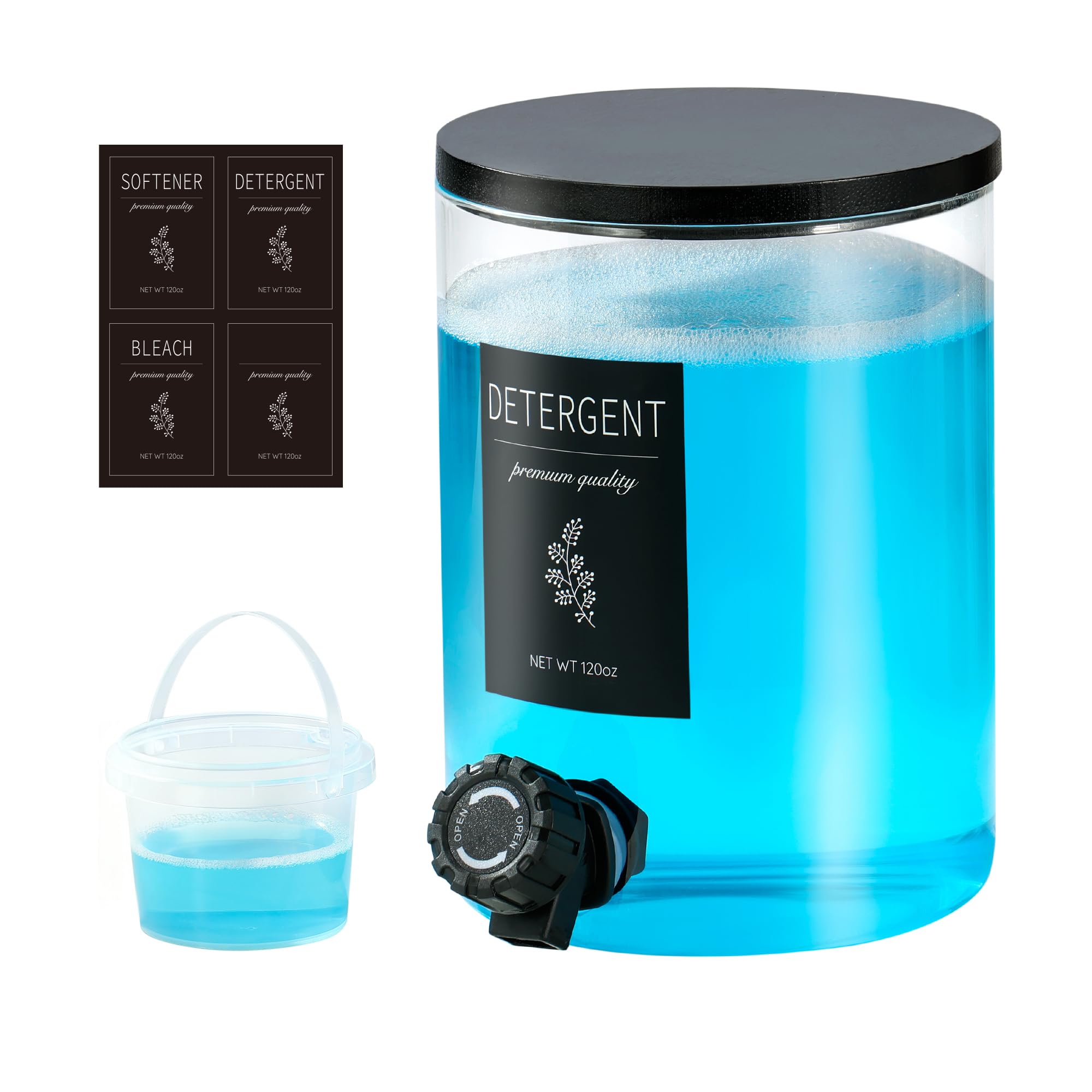 1 dispenser di detersivo per bucato in vetro con coperchio in bambù nero – 3,40 g di detersivo liquido, sapone per bucato e ammorbidente dispenser per l'organizzazione e la conservazione della