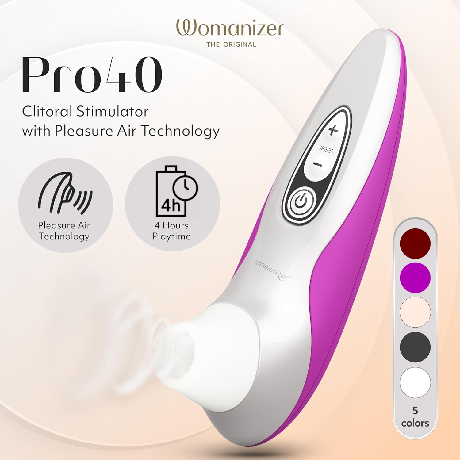Womanizer Pro40 Clitoris Vibrator Sex Toy | Clit Stimulator with 6 Suction Speeds | Vibrating Dildo Adult Toys for Women | Clit Sucker Sexual Pleasure Tools for Women | Personal Massager | Magenta