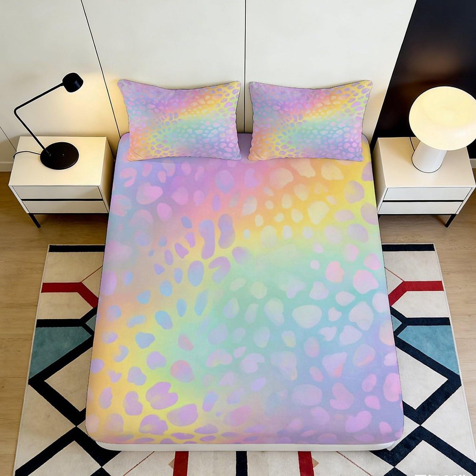 3D Printed Pastel Rainbow Gradient Fitted Sheet Microfiber Soft Ombre Spot Bed Cover for Bedroom Guest Room Decor 120x200x25cm