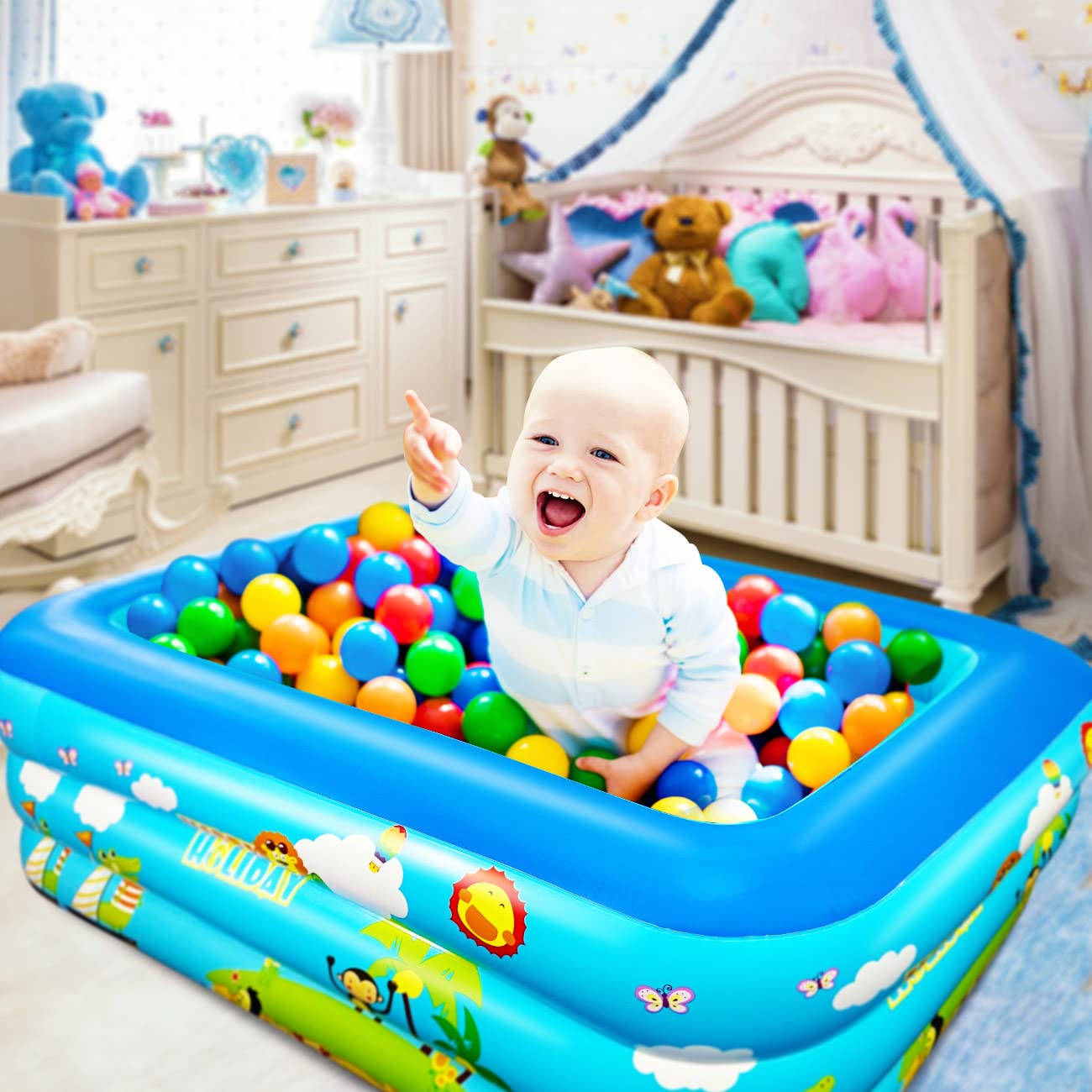 Jiosdo Piscina de chapoteo grande 150 cm, piscina familiar hinchable, piscina de chapoteo para bebés, piscina infantil rectangular, piscina familiar con suelo suave hinchable para verano, diversión
