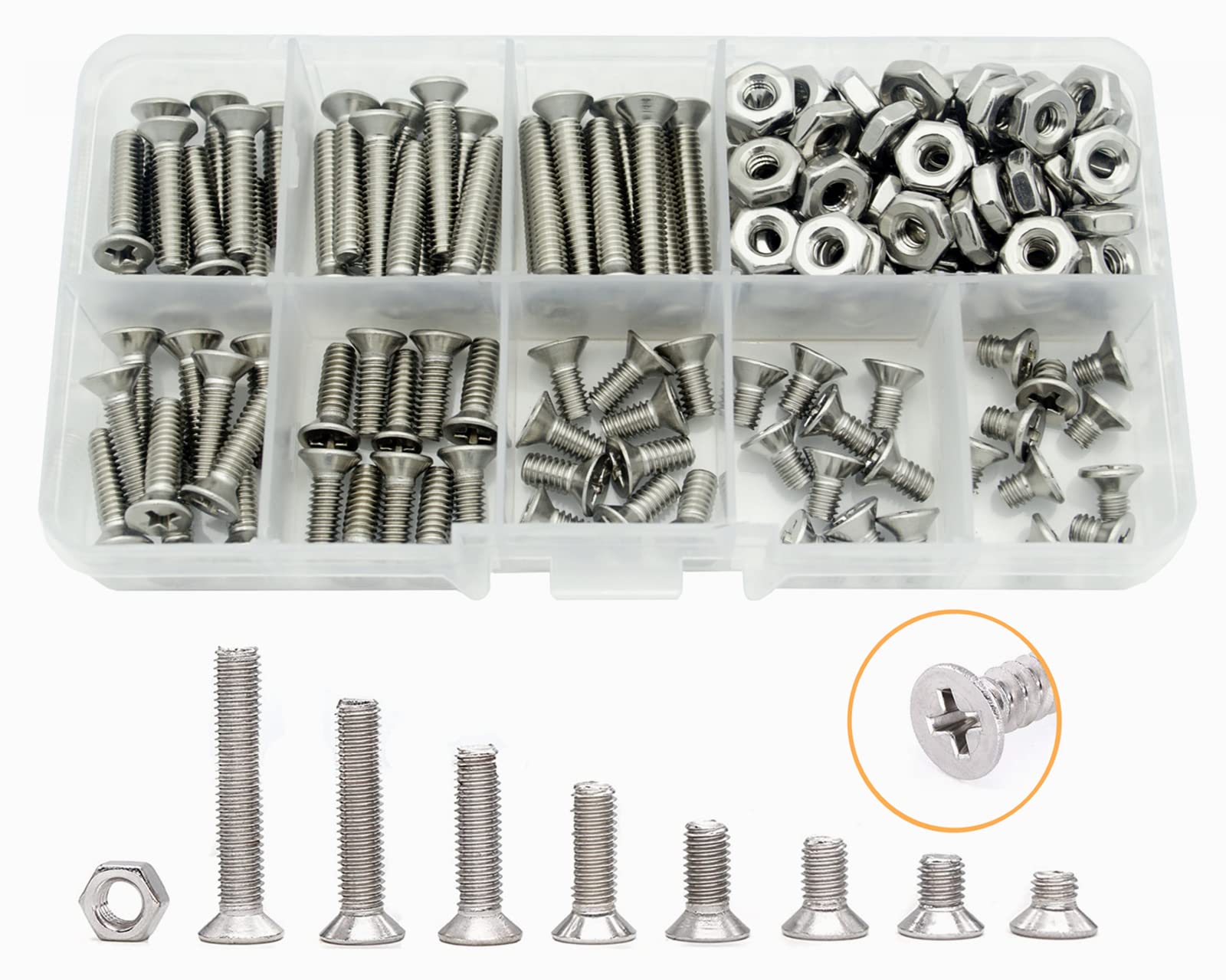 Elantek #8-32 UNC 304-Stainless Steel Phillips Flat Head Countersunk Machine Screws Nuts Assortment Kit