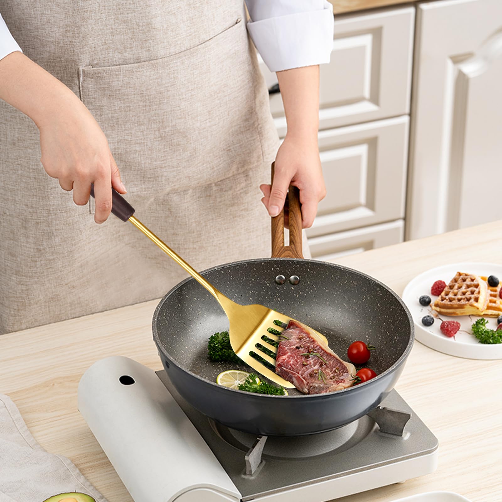 Set di 2 Utensili da Cucina in Acciaio Inox 304, Wok Spatola & Mestolo con Manic