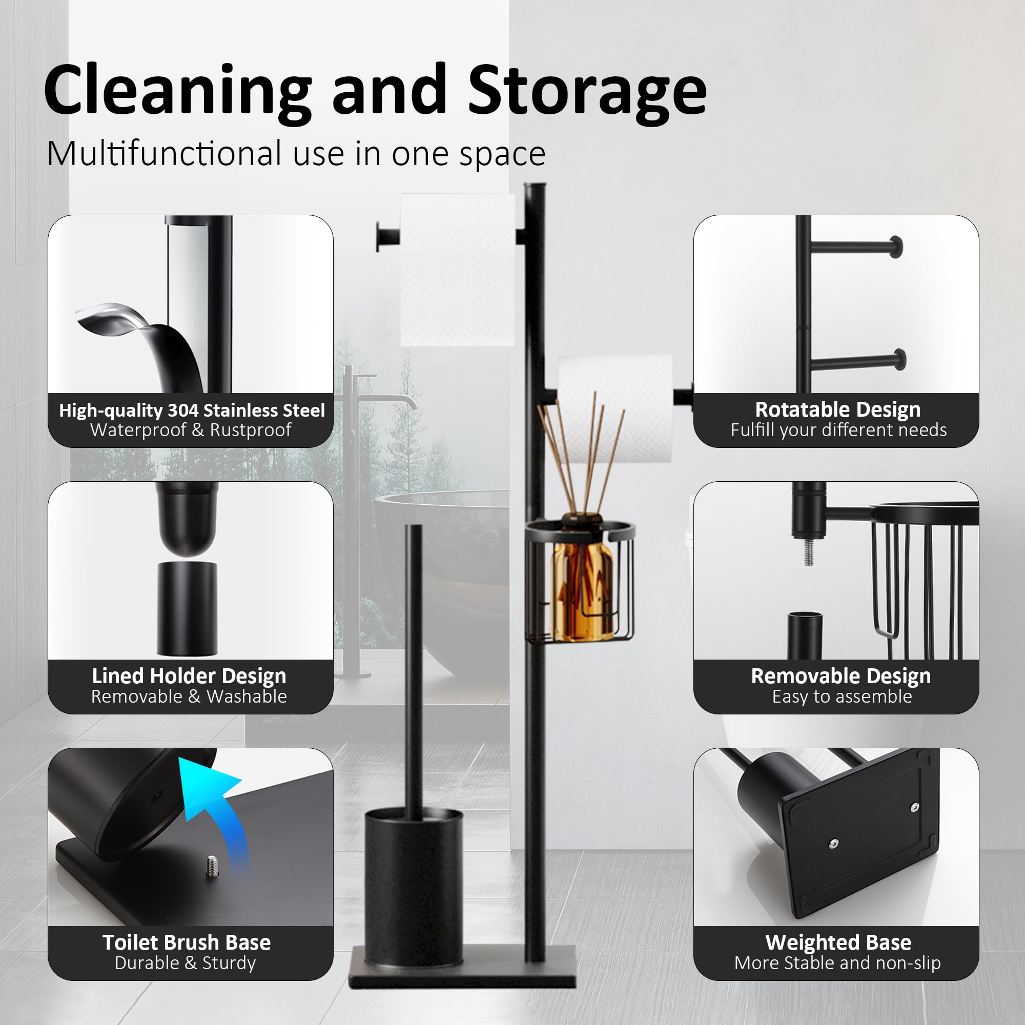 Porta carta igienica set in acciaio inox Nero, autoportante, completo di scopino WC e cestino porta oggetti, perfetto per organizzare il bagno con eleganza e praticità