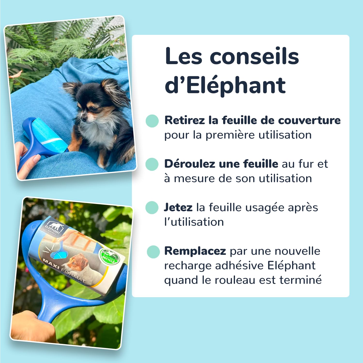 ÉLÉPHANT MAISON - Brosse Adhésive PRO 90 Feuilles - 12 Mètres D'utilisation - Pour Canapé - Retire Poussières, Cheveux, Poils d'Animaux - Plastique Recyclé - Bleu - Haute Qualité