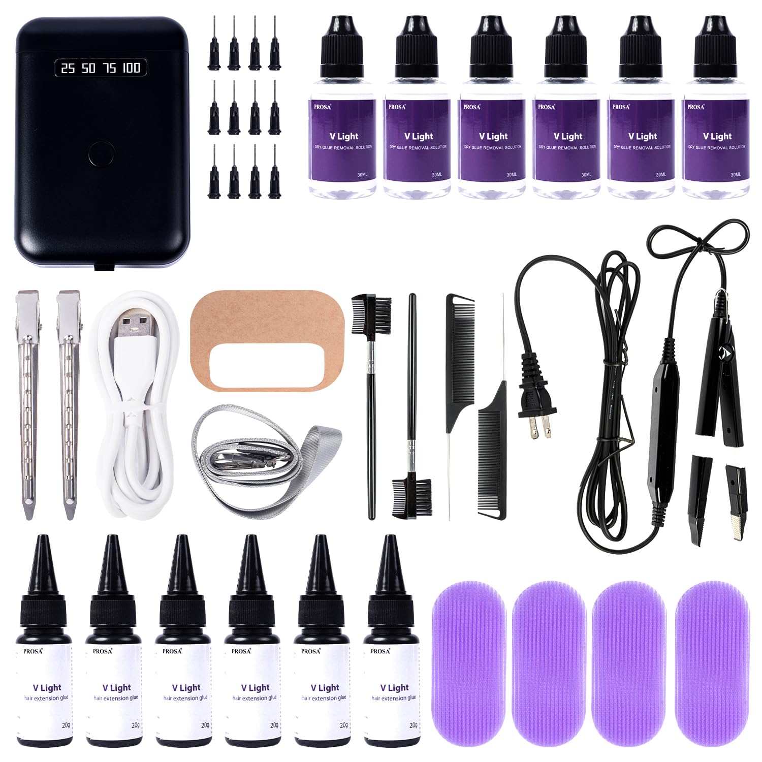 V light hair extensions kit, Professional Hair Extensions Installation Kit, V light machine*1 V light hair removal tool*1 v light hair extensions glue*6, glue remover *6. (black machine set)