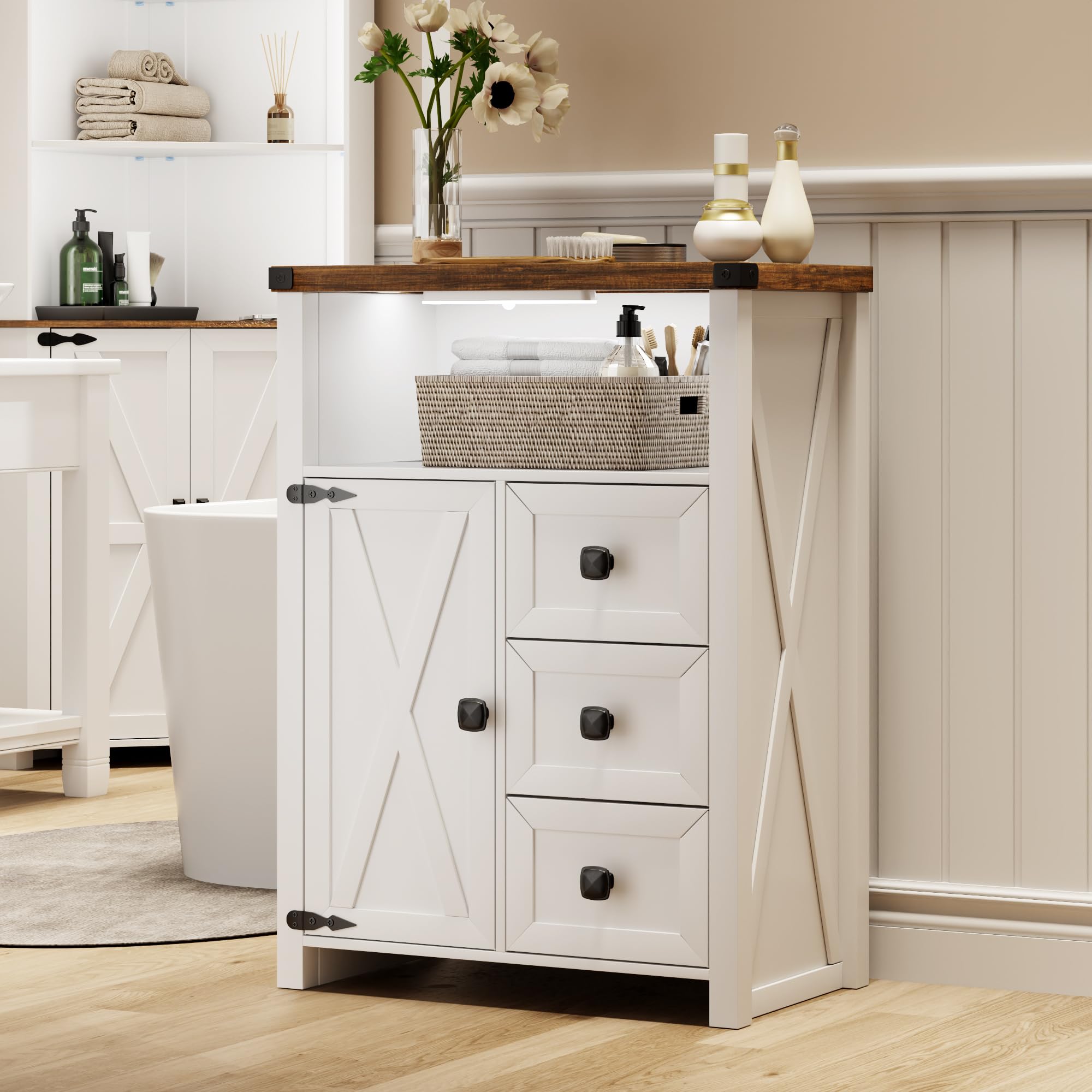 White Bathroom Floor Cabinet, Farmhouse Storage Cabinet with 3 Drawers and 1 Cupboard, Small Freestanding Storage for Kitchen/Living Room/Bathroom/Entryway