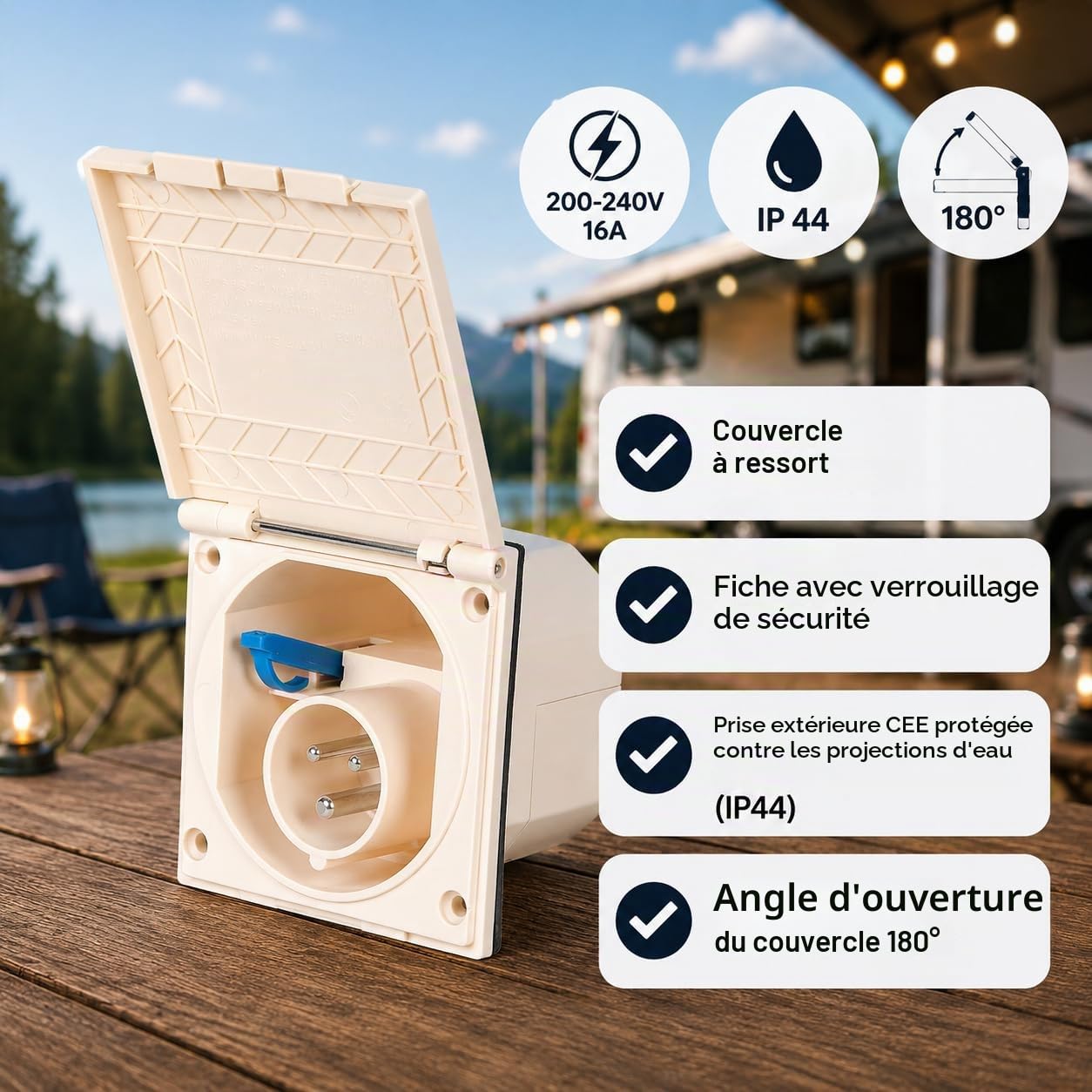 POWERPART Prise CEE extérieur Beige aux projections d'eau IP 44 200–240 V, 16 A, 3 broches pour caravane, camping-car ou bateau