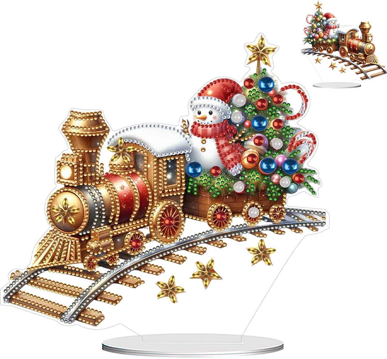 Diamond Art Painting Tabletop Ornaments,Winter Xmas Train Pattern Double-Sided Printed Single-Side Special Shaped Drill Stand Up Desktop Ornaments Kit for Home Office Desktop Decor