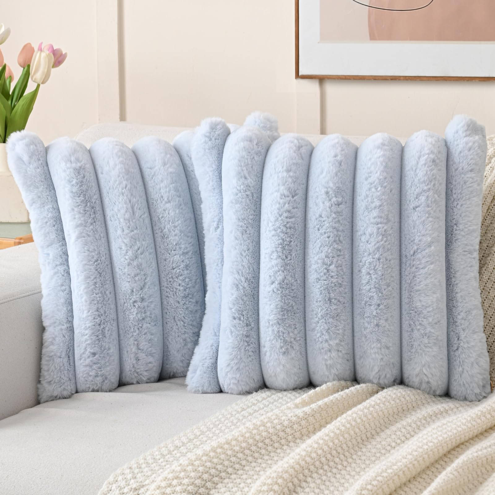FUTEI Set of 2 Fluffy Faux Rabbit Fur Cushion Covers 45 x 45 cm,Light Blue — image 1
