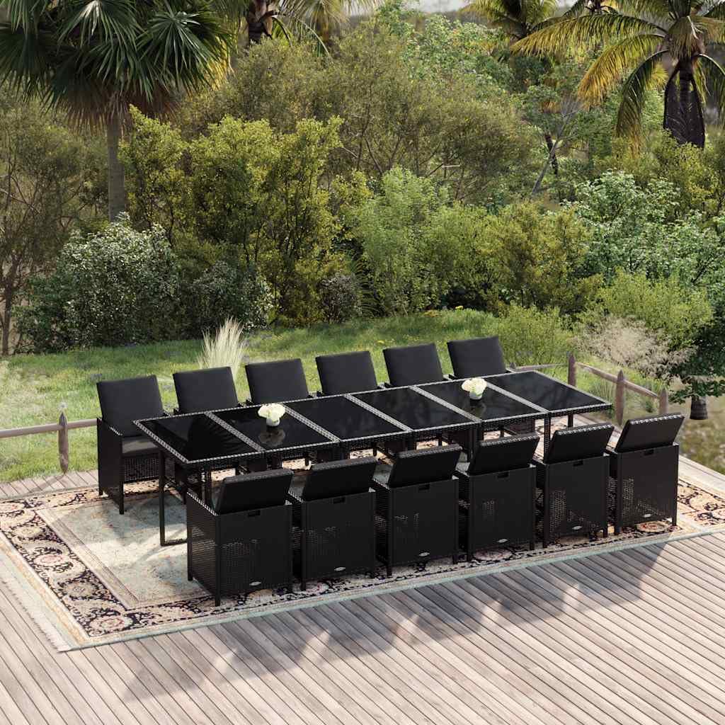 ACAGALA Conjunto de Muebles de Jardín 12 Sillas y Mesa de Ratán con Cristal, Comedor Exterior de Terraza con Cojines, Set para Patio y Jardín, Negro