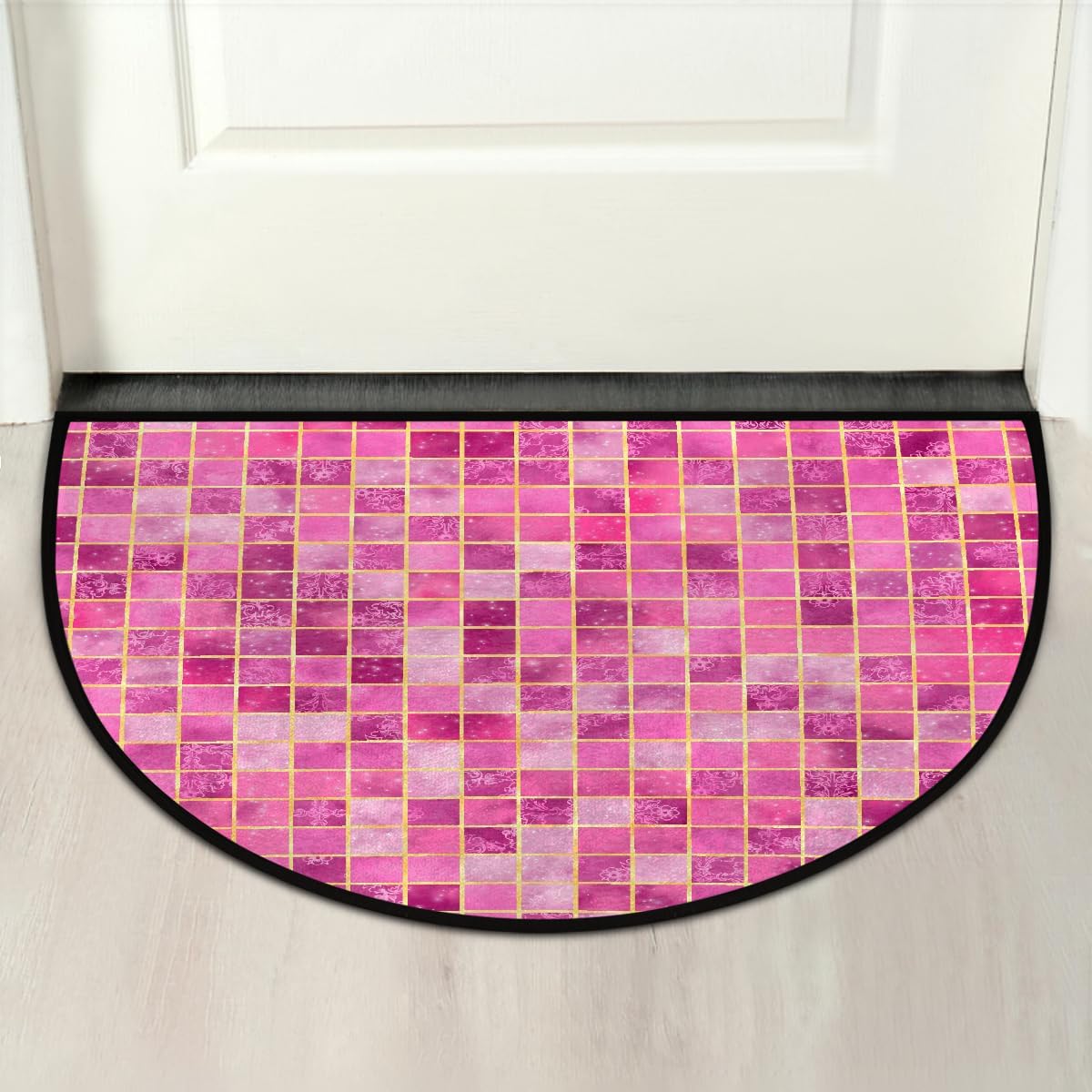Half Round Door Mat Pink Abstract Geometric Half Moon Rug Washable Half Circle Area Rugs Indoor Entrance Non Slip Semi Circle Bathroom Rugs Floor Carpet for Kithen Bedroom Fireplace Decor