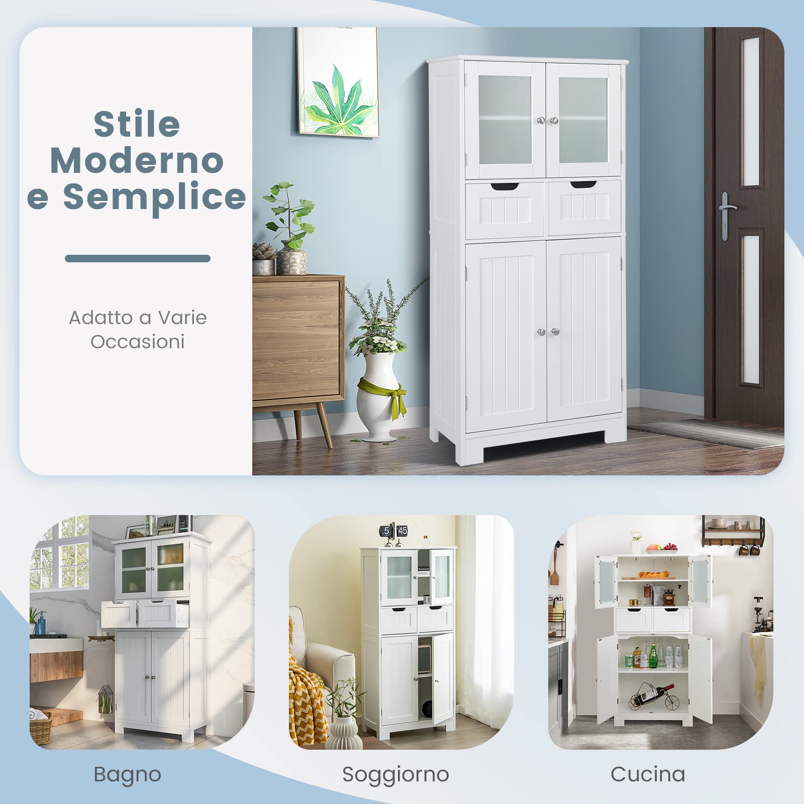 COSTWAY Armadio da Terra con 4 Ante, Mobile da Bagno con 2 Ante in Vetro 2 Cassetti e Ripiani Regolabili, Armadio Multifunzionale per Bagno e Soggiorno (Bianco, 60x30x128cm)