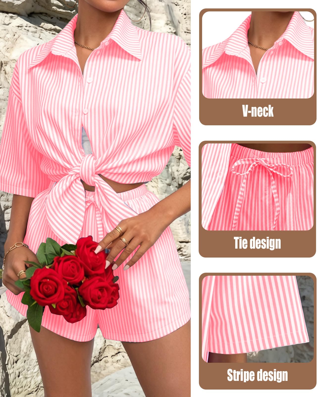 Rayson Ensemble Short Deux Pièces Femme Ete Rayé Survetement Chemise à Manches Courtes et Short à Cordon Tenue Femme Été Vetement pour Casual Plage Travail