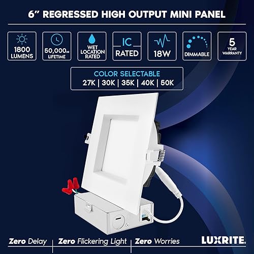 Miniatura 7 de LUXRITE Lámpara de techo empotrable LED cuadrada de 6 pulgadas con caja de conexiones, 18W, 5CCT seleccionable 2700K3000K3500K4000K5000K, 1800LM de