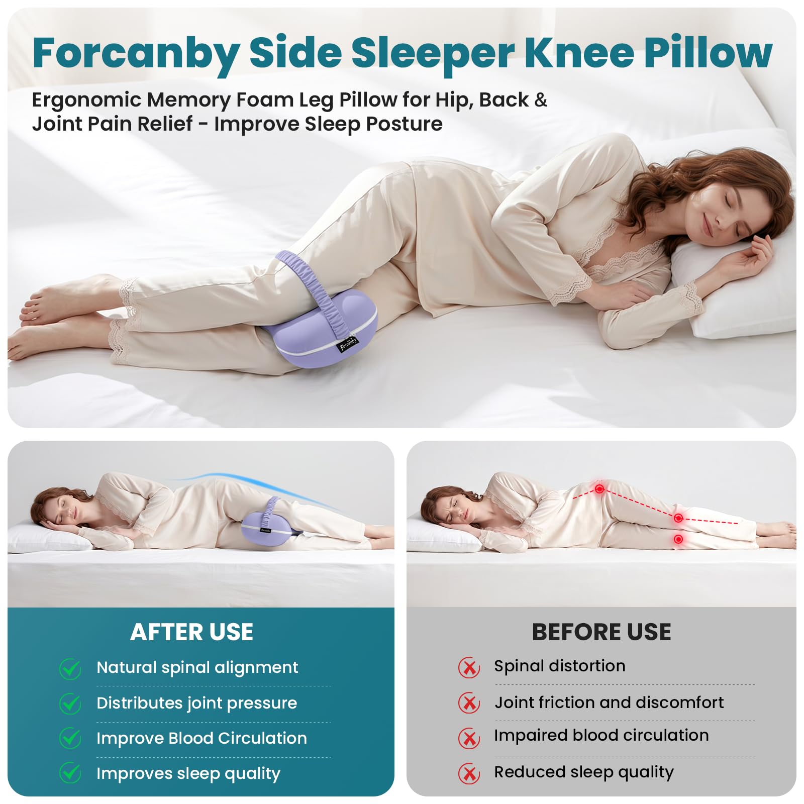 Almohada para piernas y rodillas para personas que duermen de lado, almohada de alineación suave de la columna vertebral, almohadas de espuma viscoelástica para dolor de espalda, cadera, alineación de