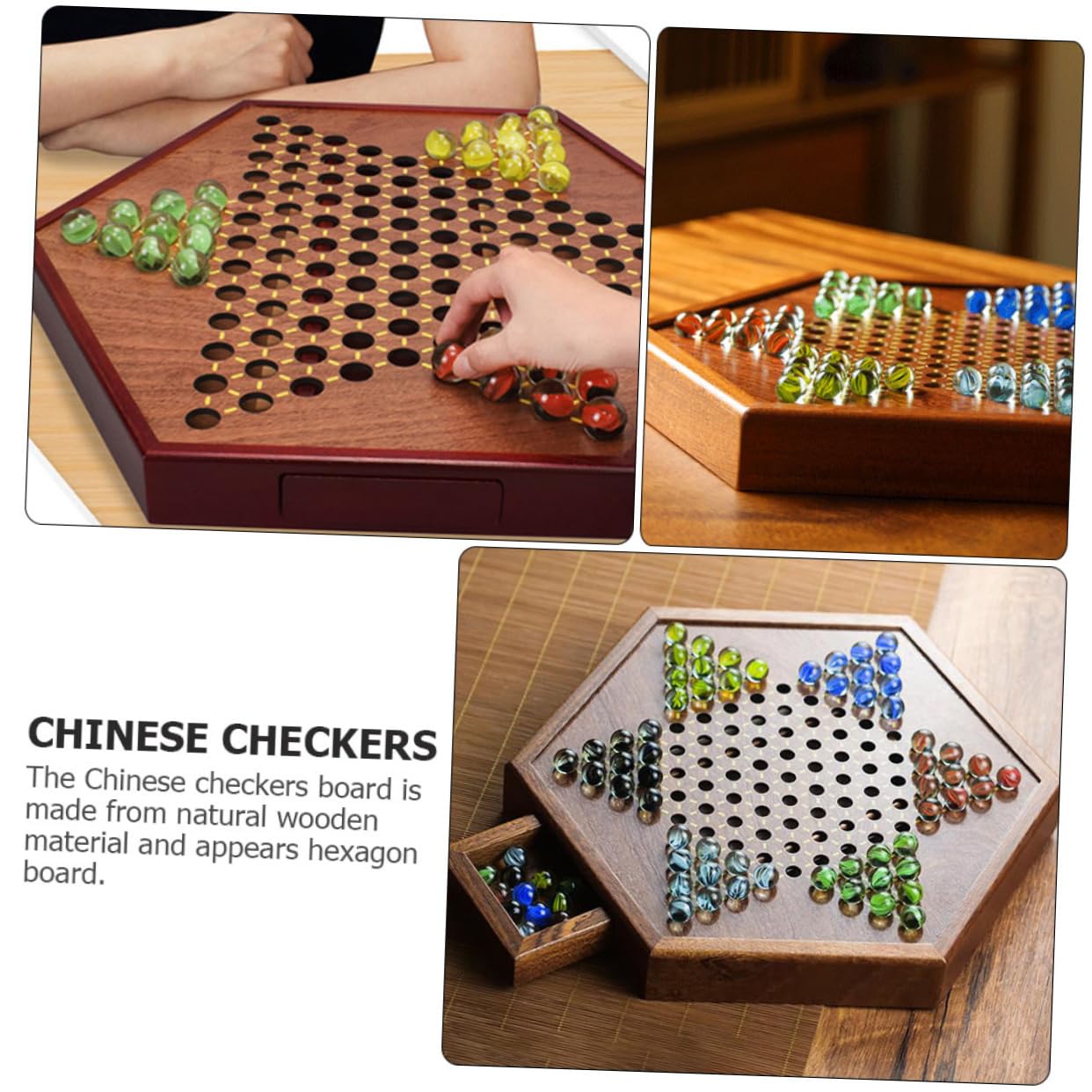 Gioco di Biglie Chinese Checkers Esagonale in Legno | Tradizionale per Ragazzo Ragazza e Adulti, Cassetto Integrato, Tavola Marrone per Intrattenimento Familiare