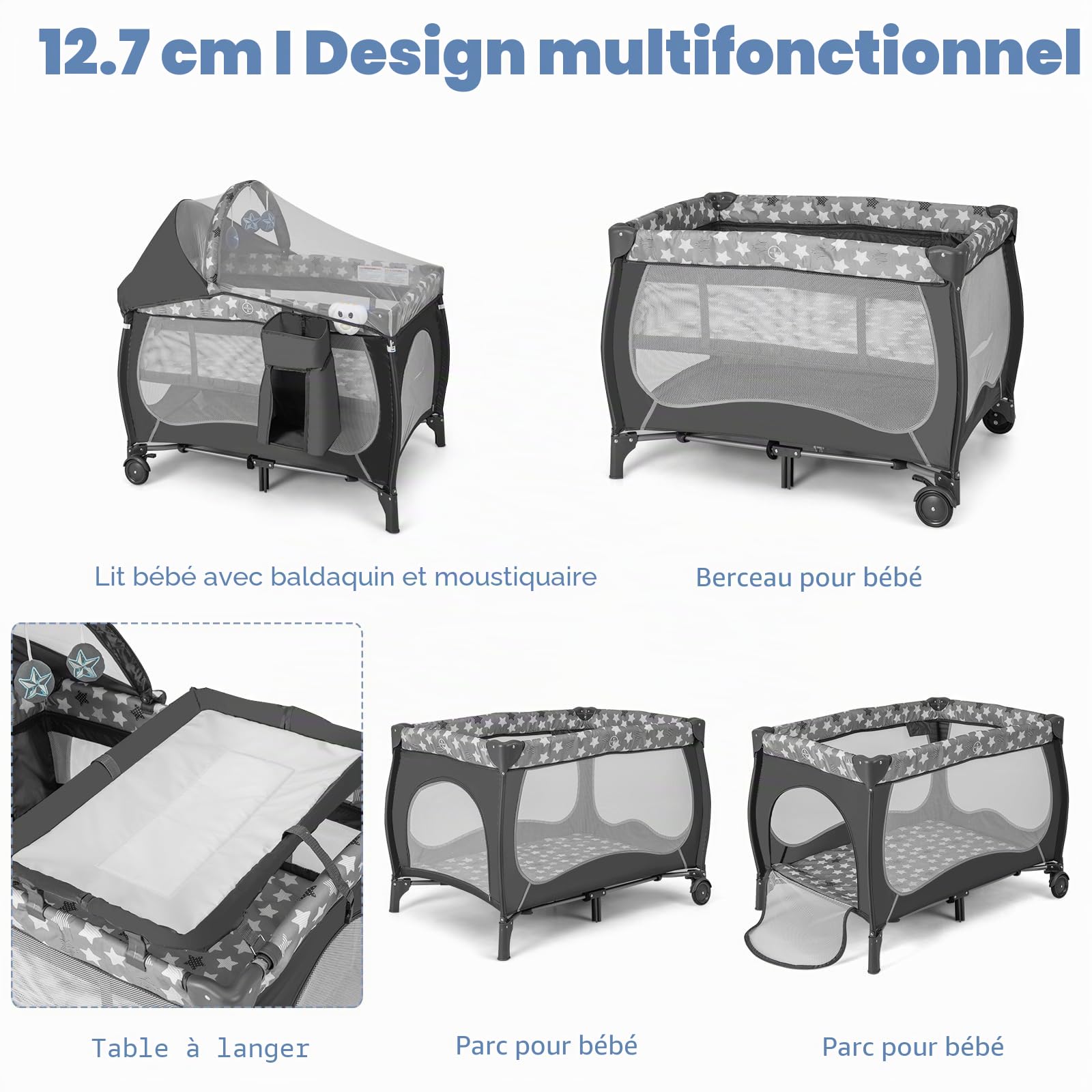 LIFEZEAL Lit Parapluie Bébé avec Matelas et Table à Langer, Cododo Bébé Evolutif avec Jouets et Moustiquaire, Lit Pliant avec Sac de Transport, Charge de 15 KG, 0-36 Mois (Girs)