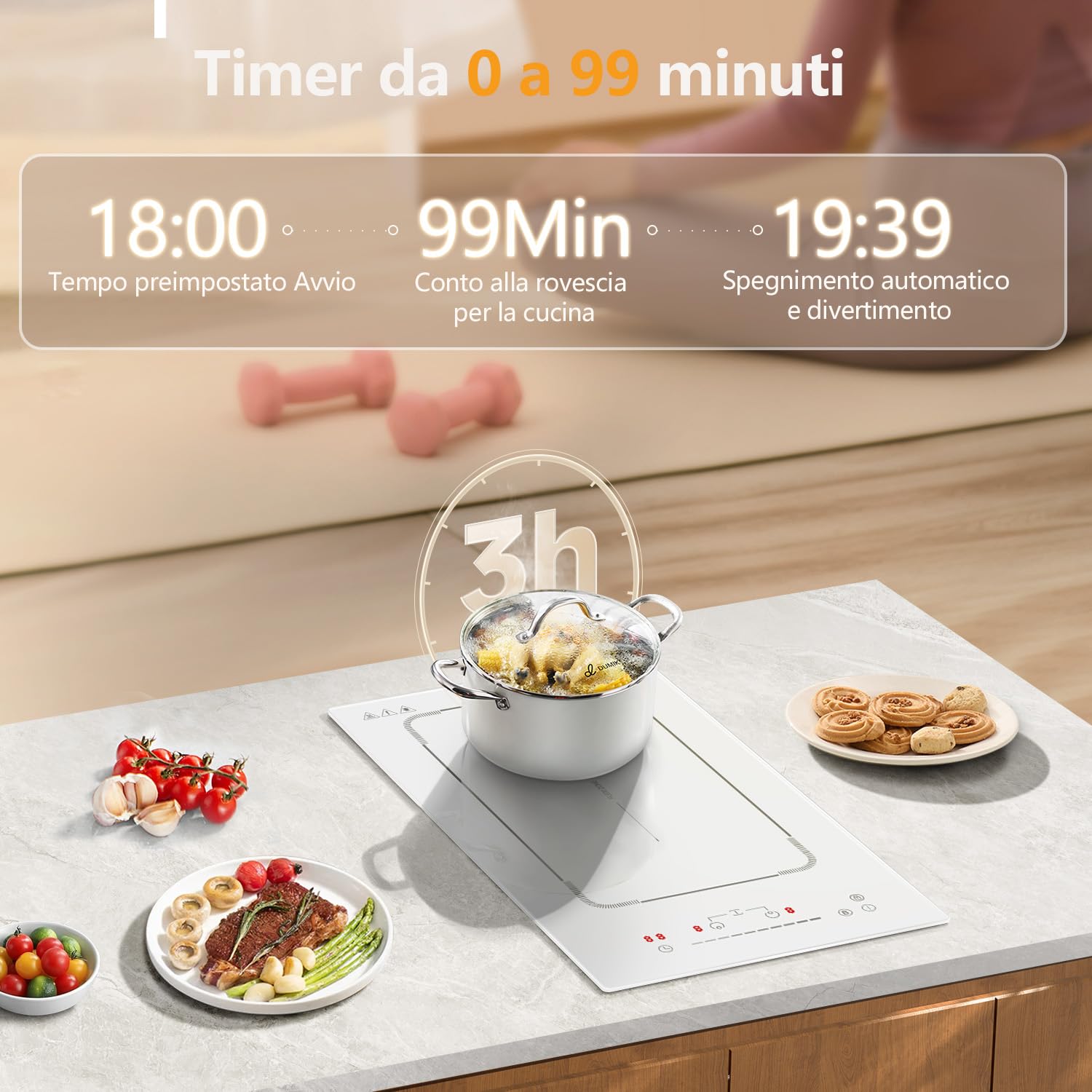 Karienvir Piano induzione 2 fuochi bianco con Spina, Piastra ad Induzione Incasso con Zona Flessibile, Comando a scorrimento, Blocco di sicurezza, Pausa, Timer di 99 minuti, 3500 W