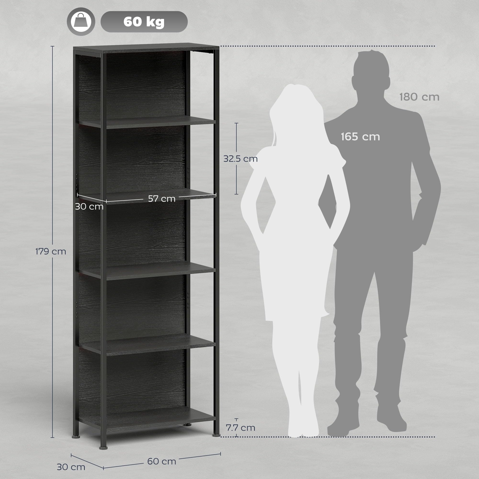 HOMCOM Libreria Scaffale a 5 Ripiani con Luci LED 60x30x179 cm Nero