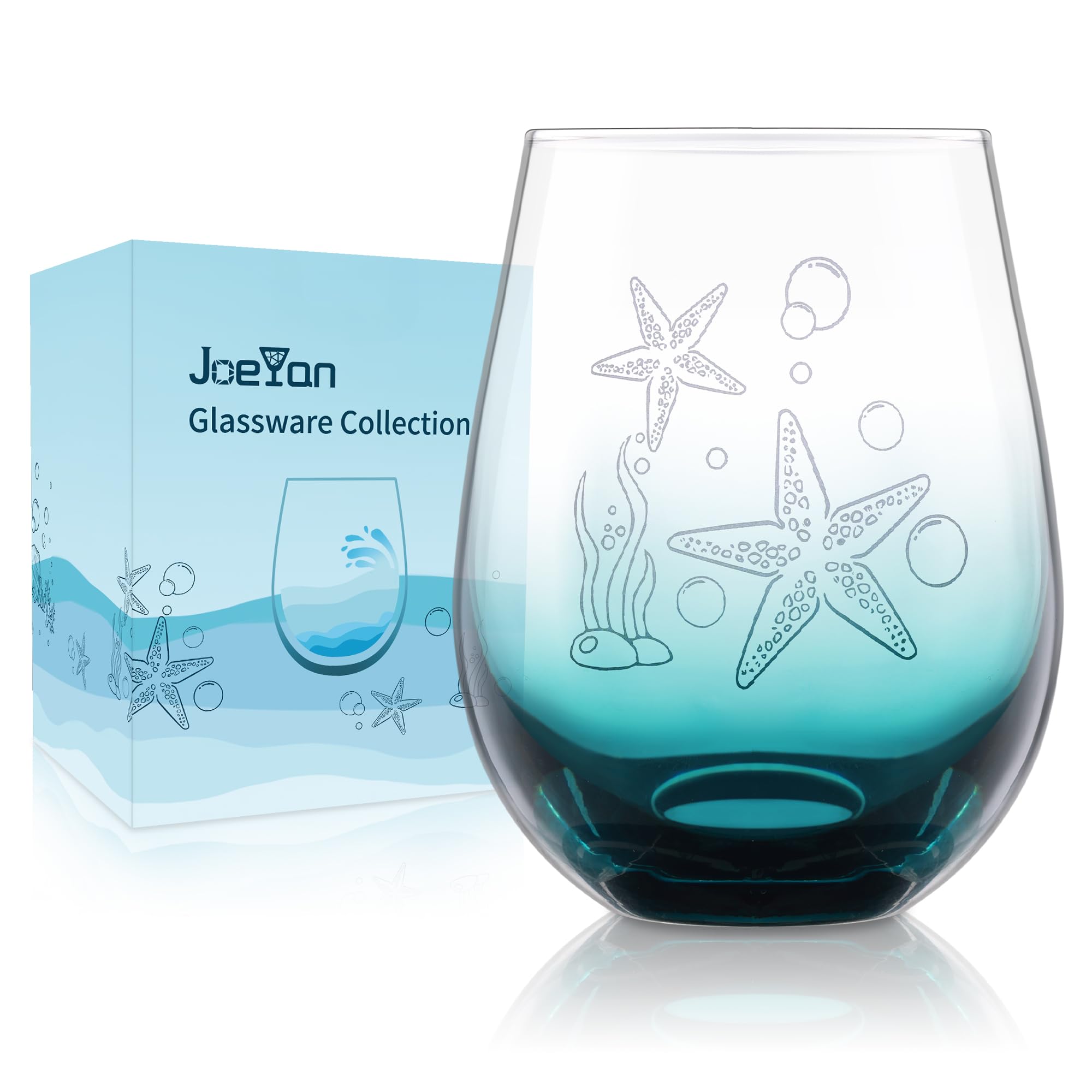 Joeyan Red White Wine Glasses Gift Set, Ocean Animal Themed Blue Stemless Wine Glasses with Starfish, Romantic Glassware Gifts for Sea Lovers Anniversary Birthday Housewarming