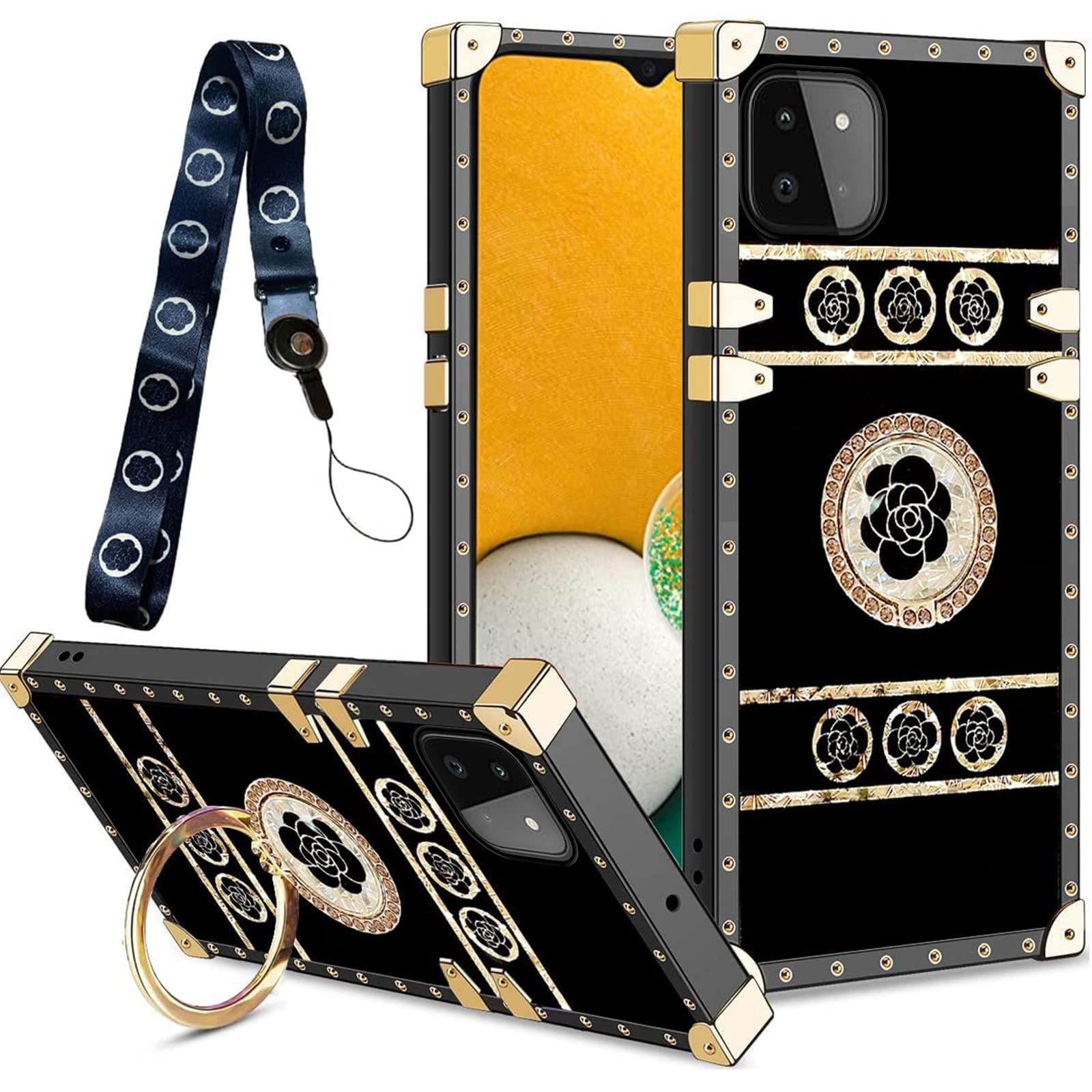 for Boost Mobile Celero 5G, Samsung A22 5G case with Ring Holder Rivet for Girls Women Crystal Protective Retro Elegant Shockproof TPU Cover for Samsung Galaxy A22 5G (Phantom Black)