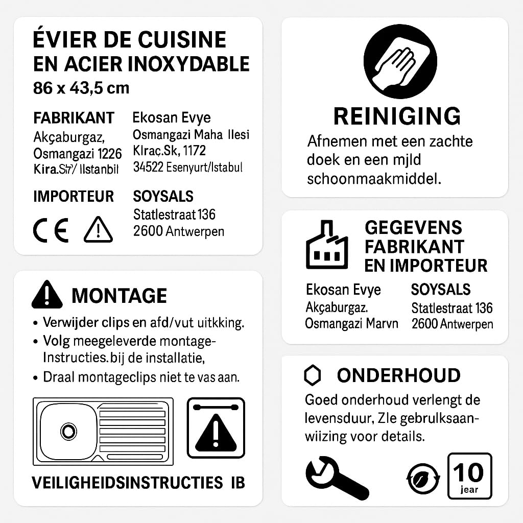Evier Inox 1 Bac en acier inoxydable 86 x 43,5 cm – Évier encastrable – Avec siphon, trou de robinet et égouttoir