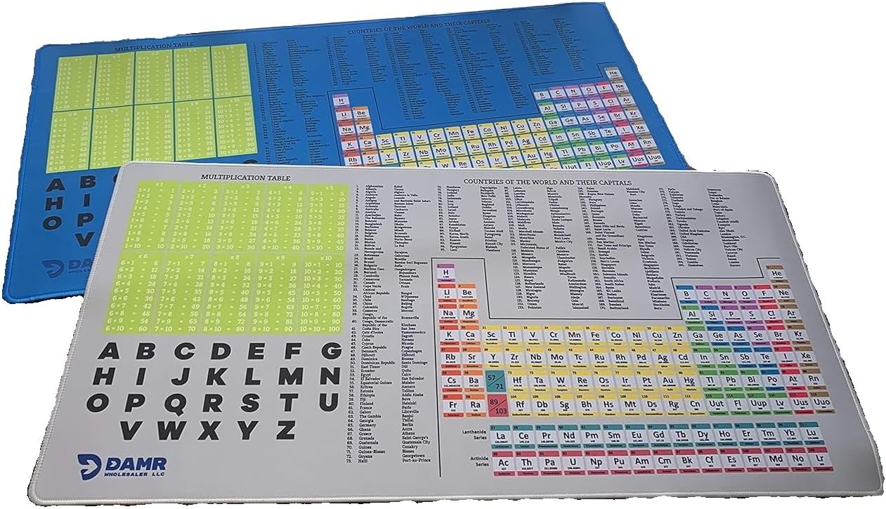 DAMR Big Microfiber Mouse Pads with Multiplication Table, Periodic Table, ABC Alphabet and Countries with Capitals