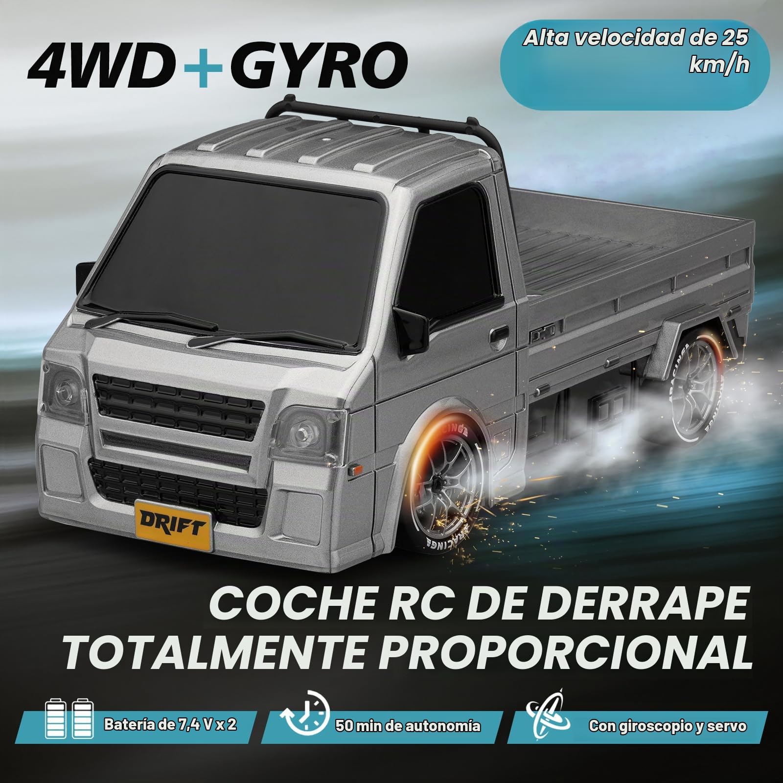 ACAMMZAR Coche Teledirigido Drift con Giroscopio, 1:24 25KM/H Proporcional Completo 4WD Truck RC Drift Coche con Gyro, con Luces LED, RC Cars para Adultos Niñas