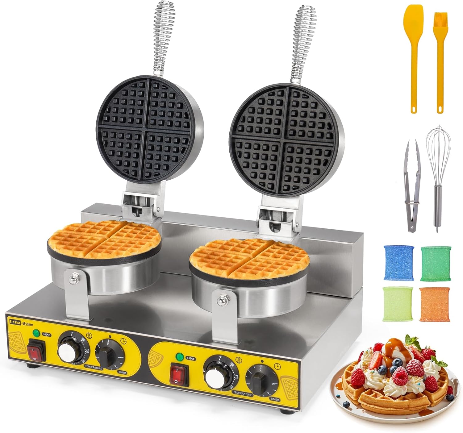 Dyna-Living Commercial Waffle Maker Double Head Waffle Maker, 2400W Non-Stick Commercial Waffle Iron Stainless Steel Waffle Machine for Restaurants, Large Waffle Machine Commercial
