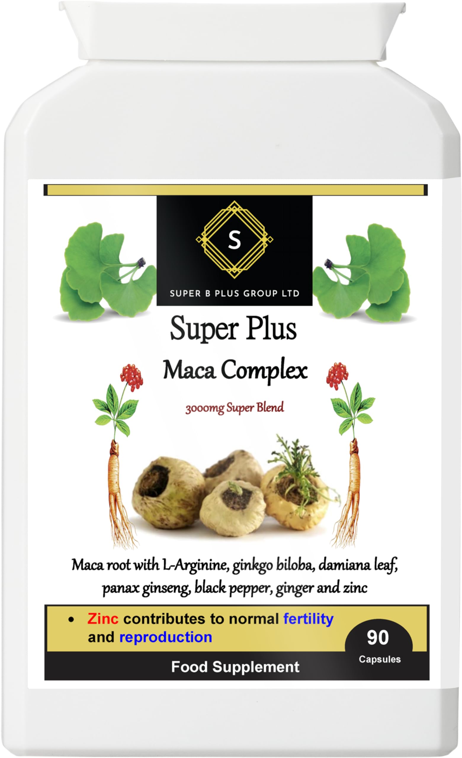 Super Plus Maca Complex with Ginkgo Biloba Panax Ginseng Ginger Root Sexual Health Fertility Reproduction Women & Men Health Supplement 90 Capsules