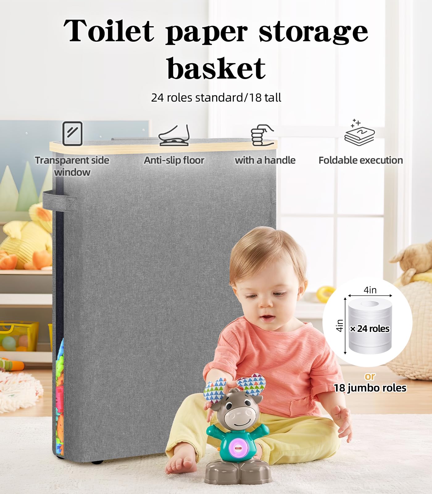 Cesto portaoggetti pieghevole per carta igienica, con coperchio e manico, per 15-20 rotoli, impermeabile, autoportante, per bagno, contenitore per carta igienica per armadio camper (grande, grigio)