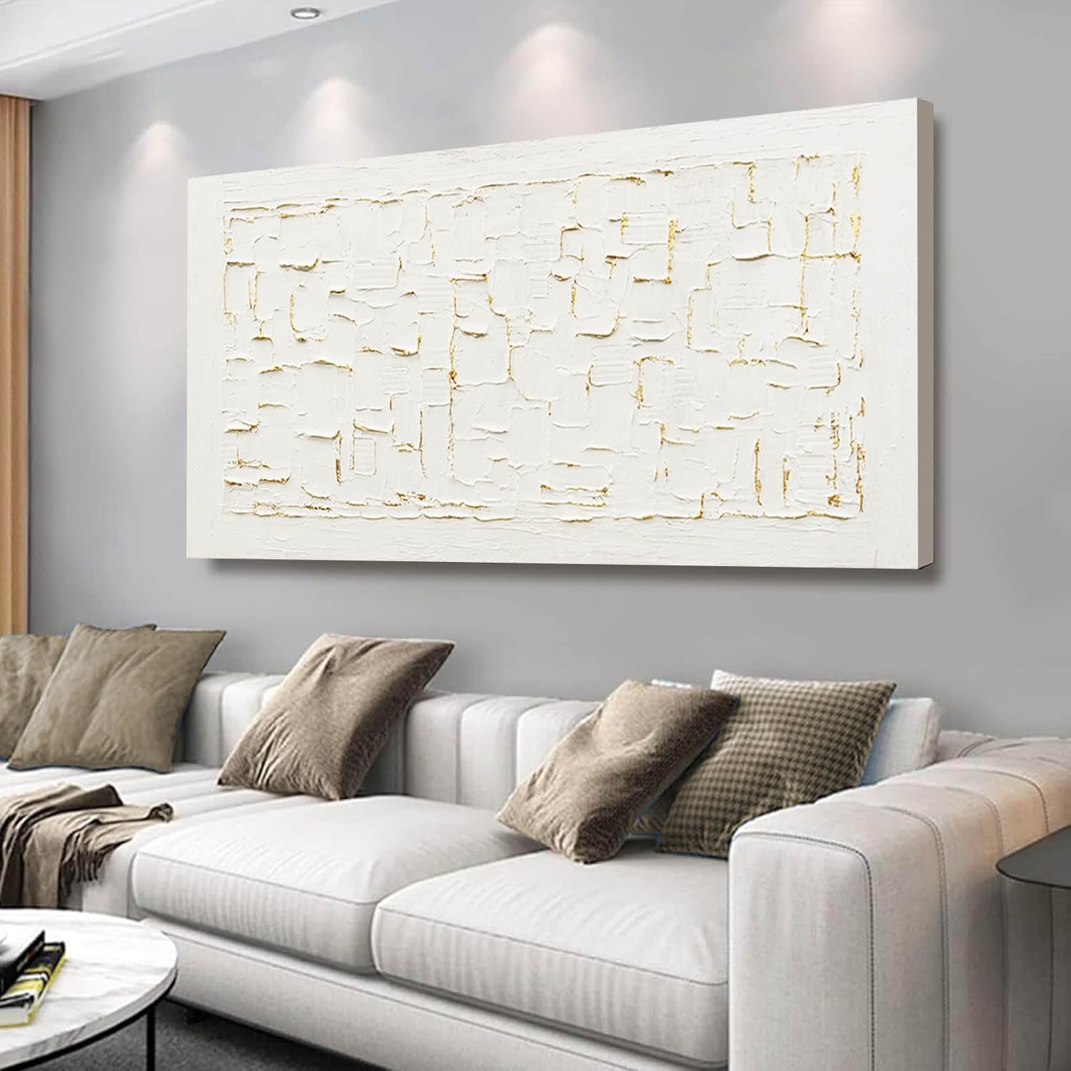 SOUGUAN Textured Wall Art Block Wall Painting Abstract Canvas Wall Pictures 24"x48" Art Posters for Office Artwork for Living Room 48L" x 24W" White