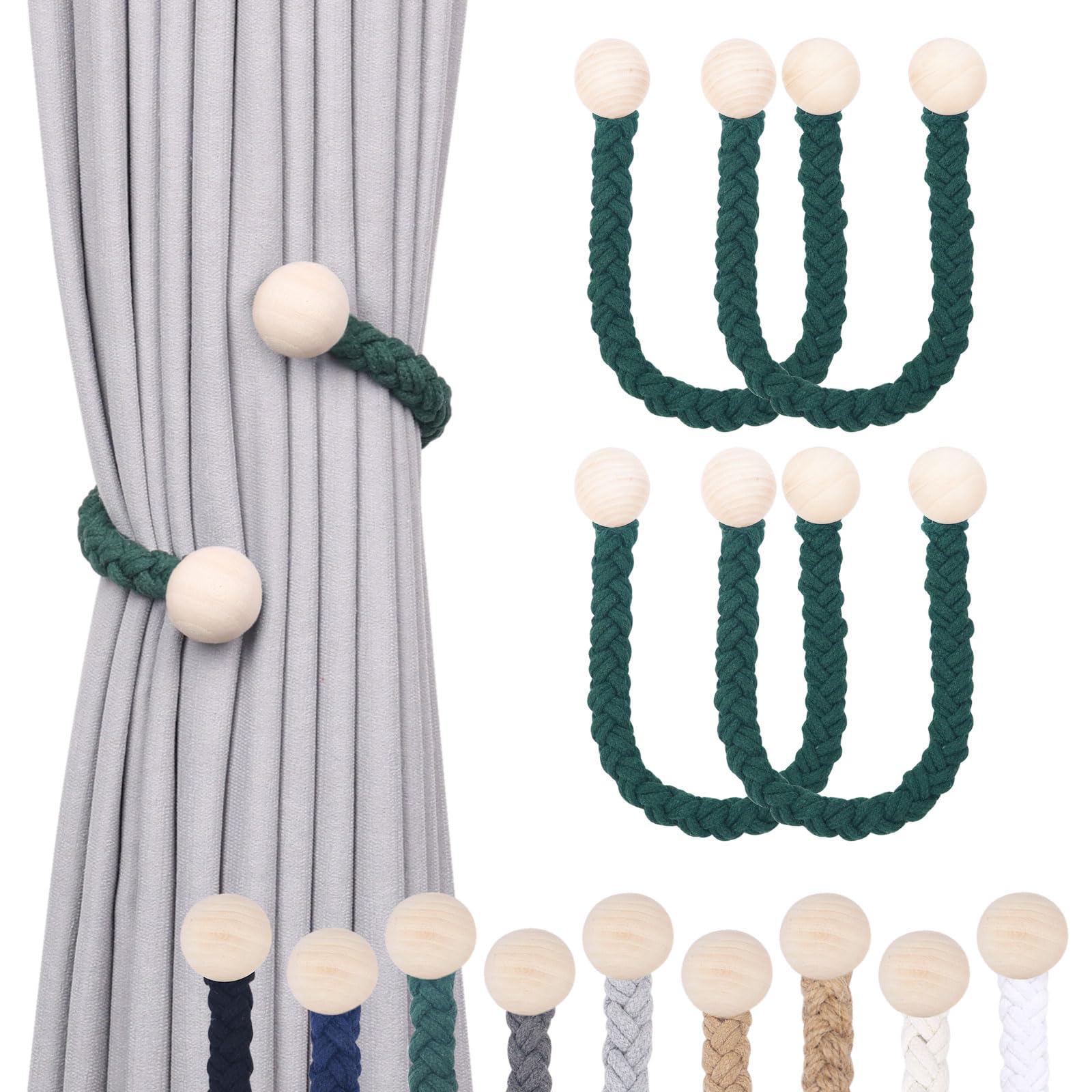 Pretty Jolly 4 Pack Wooden Ball Decor Curtain Tiebacks Farmhouse Rustic Style Drape Tie Backs Natural Cotton Hand Woven Rope Curtain Holdbacks for Home & Office Sheer/Light Weight Drapery (Dark Green)