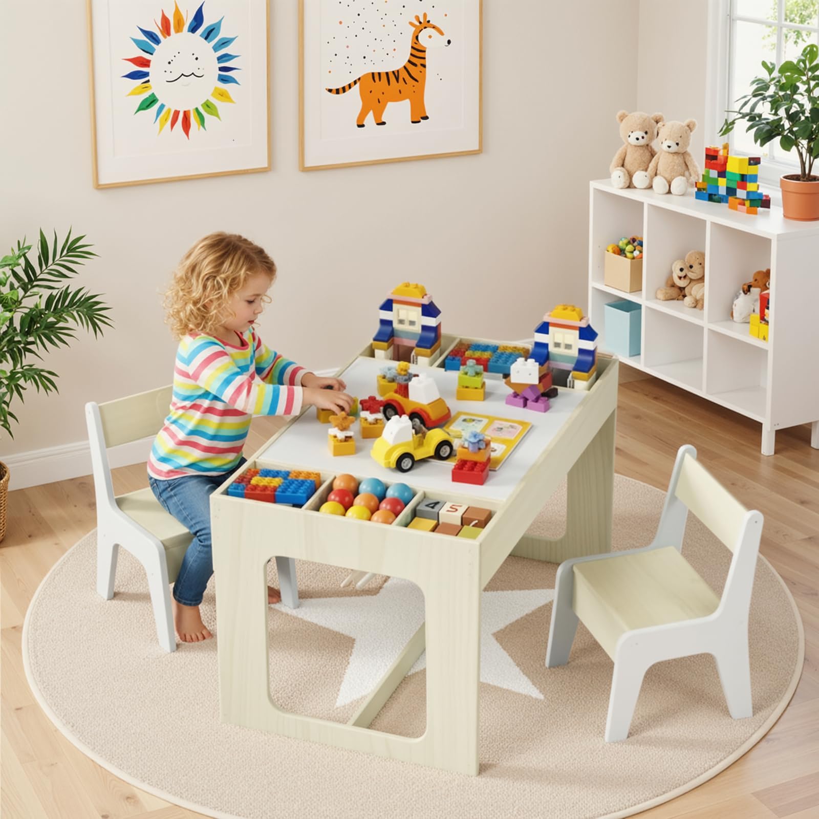 Clevich Table avec 2 Chaises avec Rangement, pour Enfant avec Plateau de Table Réversible, Bureau avec 2 PCS Chaise pour l'école, la Garderie, Bureau Enfant 3 Ans, Blanc