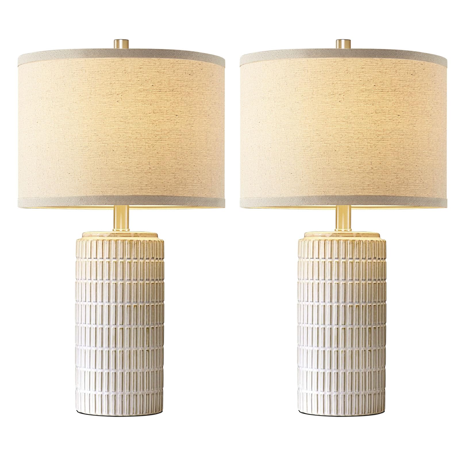 AIEAMPDO Juego de 2 modernas lámparas de mesa de cerámica de 23 pulgadas para sala de estar, dormitorio, mesita de noche, lámpara de escritorio beige y blanca para mesita de noche, entrada, 2