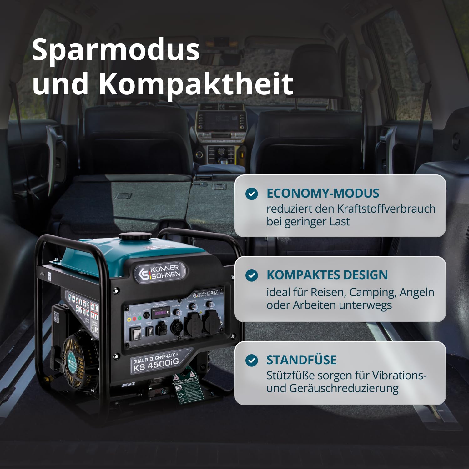 K&S Könner&Söhnen KS 4500iG Générateur Inverter (gaz/essence) 4500 W, générateur d'énergie avec USB, mode Eco | Groupe électrogène de secours pour camping, maison et atelier, générateur inversé