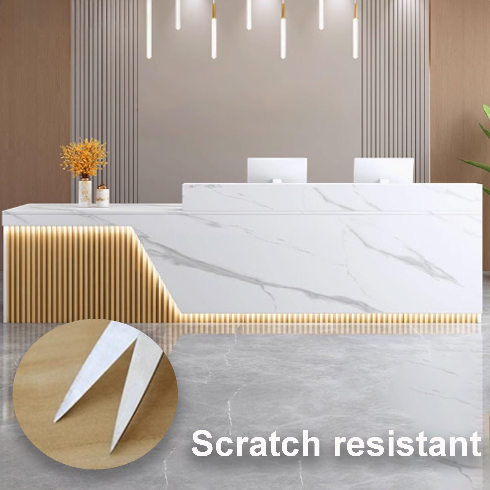 Salon-Empfangstisch mit weicher LED-Beleuchtung und Aufbewahrung, Mehrzweck-Fronttheke für Supermärkte, Bekleidungsgeschäfte, Restaurants, Büro, weiße Textur, dunkelgraue Oberfläche