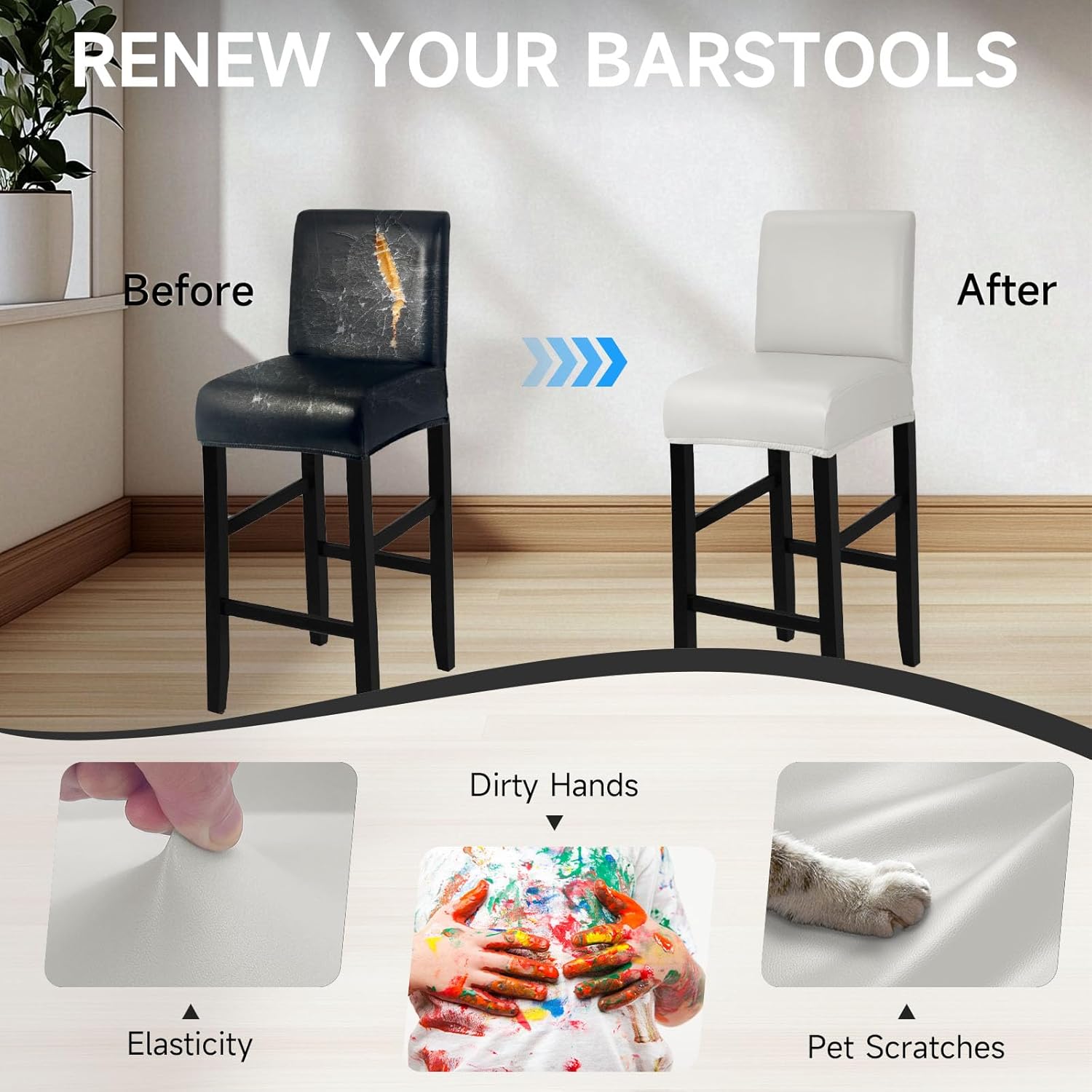 PU Leather Bar Stool Covers with Backs 100% Waterproof Bar Stools Covers Set of 4, Removable Stretch Barstool Slipcovers for Pub Cafe Dining Room (Cream)