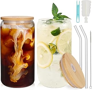 UHAPEER 2 Pack Can Shaped Drinking Glasses with Bamboo Lids and Straws, 19oz/550ml Glass Bamboo Cups, Beer Can Glasses, Iced Coffee Glasses Cups, Ideal for Water, Cocktail, Whiskey, Soda, Beer