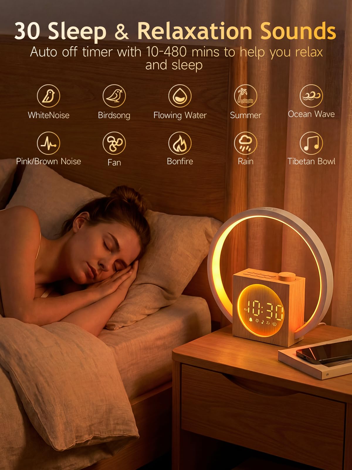 Despertador Amanecercon, Wake Up Light LED Simulación de Amanecer y Atardece, Luz Nocturnacon Control Táctil Regulable, 12 Modos de Luz, 30 Sonidos Relajantes, para Dormir, Función Alarma y Snooze