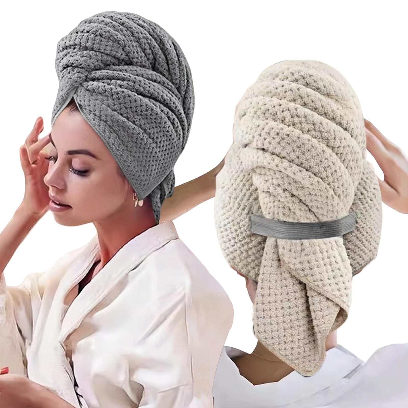 Lot De 2 Turbans Cheveux Microfibre 100x60cm - Serviette Séchage Rapide Avec Bande Élastique
