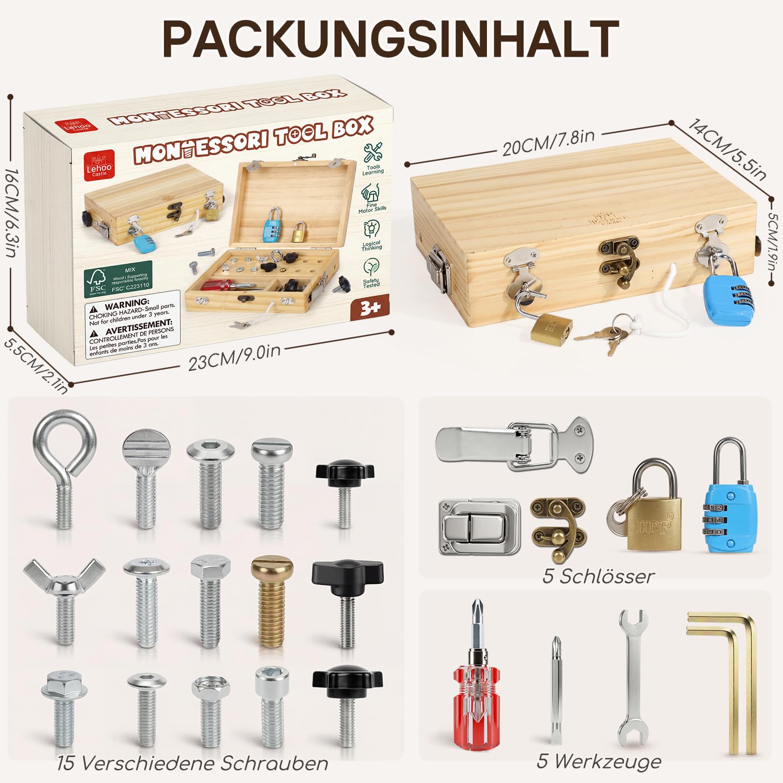 Lehoo Castle Montessori Spielzeug ab 3 4 5 Jahre, Kinder Werkzeugkoffer mit Werkzeug Motorikspielzeug Holzspielzeug Schraubendreher Busy Board, ADHS & Autismus Sensorik Spielzeug Geschenke