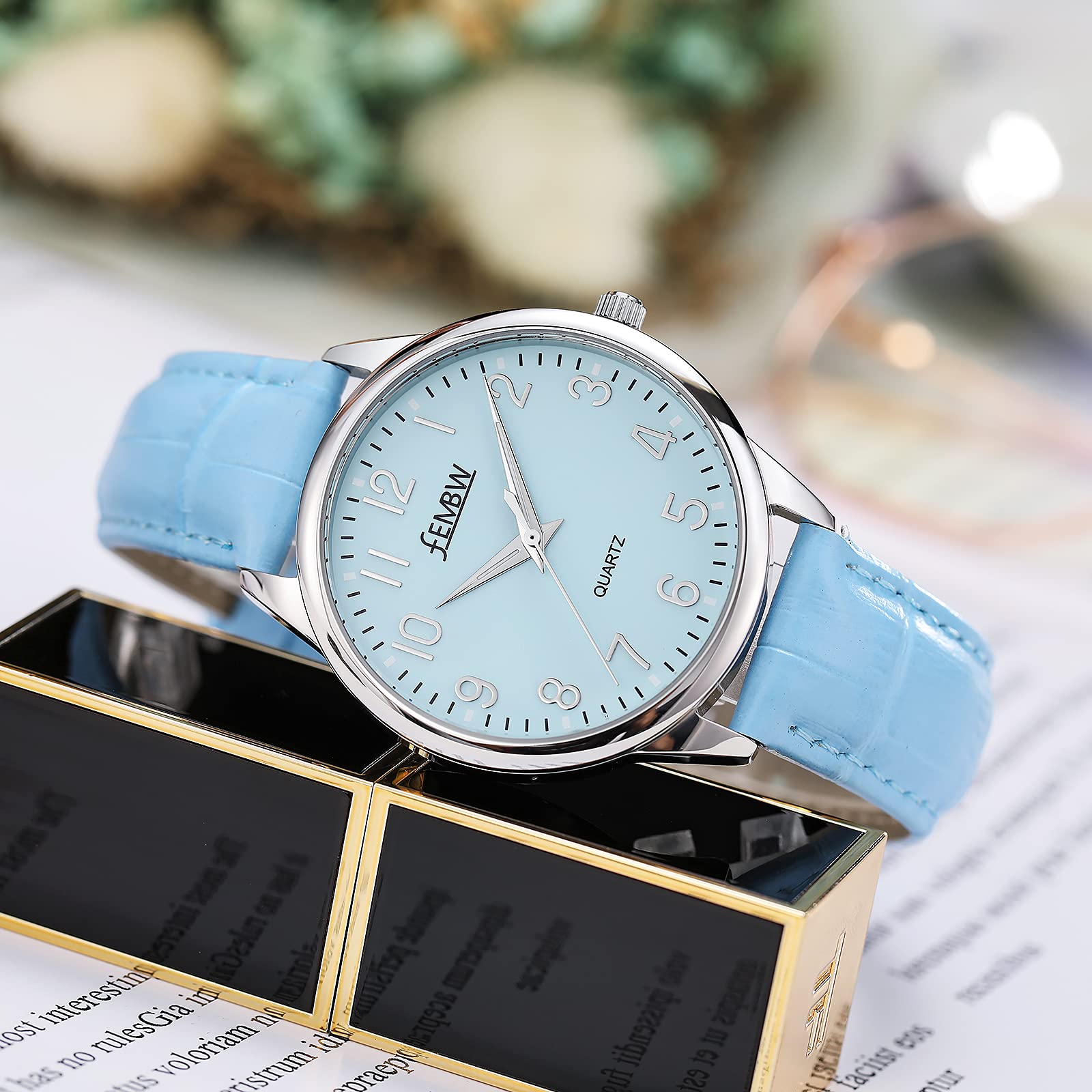 FEMBW Orologio da polso da donna con cinturino in vera pelle Movimento al quarzo giapponese, numeri romani arabi, resistente all'acqua 50M