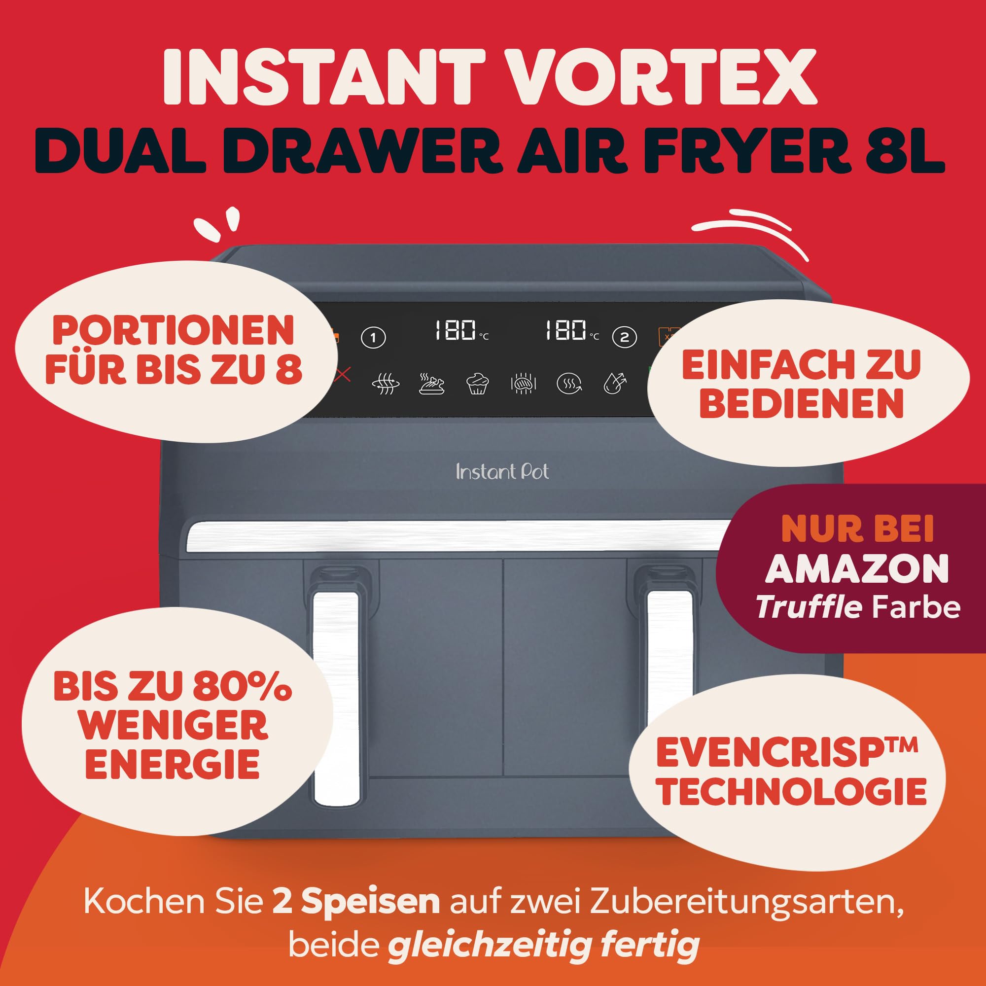 Instant Pot - Vortex Dual Truffle Grey - Frytkownica na gorące powietrze - Duża, 8 l, rozmiar rodzinny, podwójna, podwójne kosze 4 l, 8 w 1 - suszenie, grillowanie, pieczenie, smażenie.