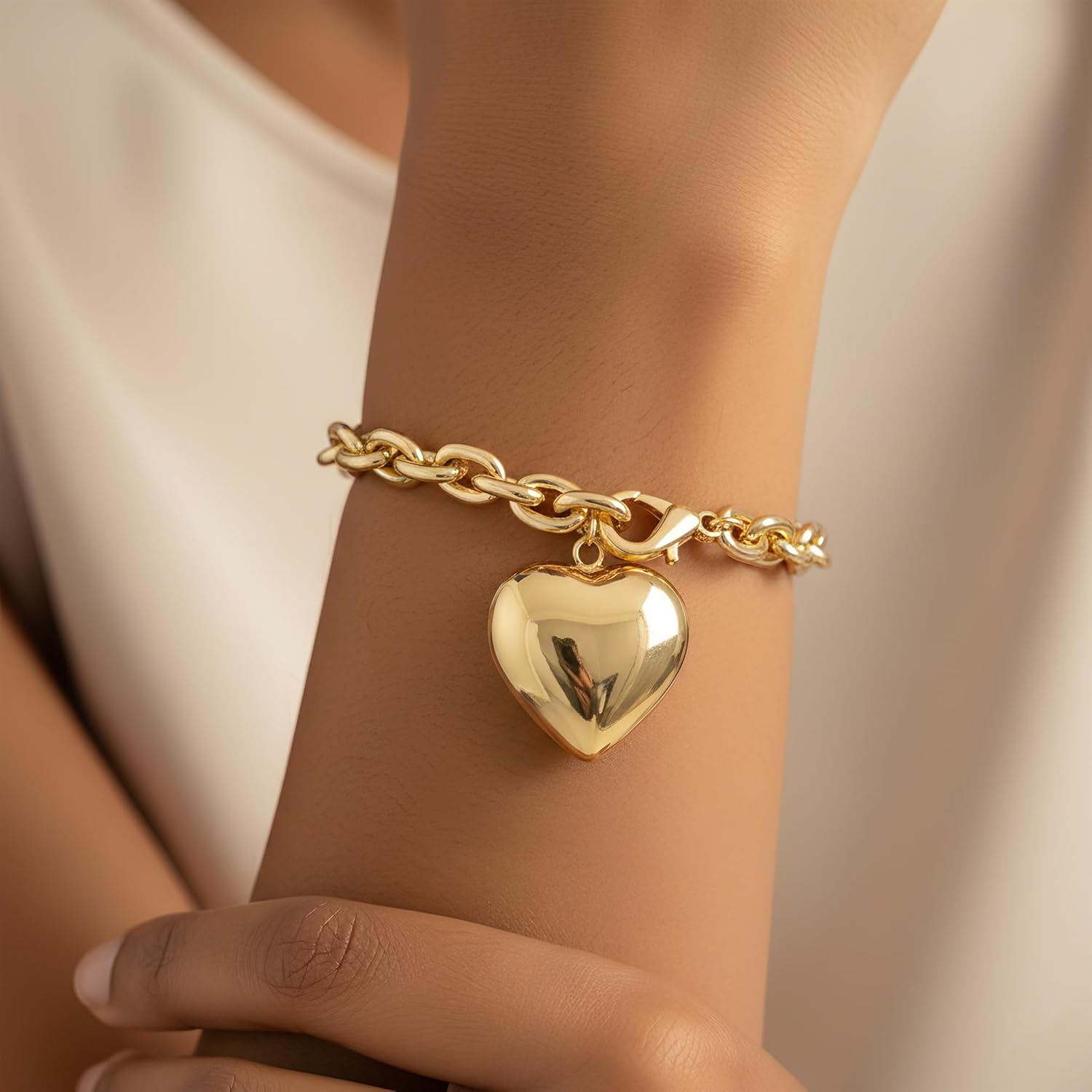 Gold Heart Bracelet for Women, Chunky Chain Bracelet Valentine's Day Gifts - Image 2