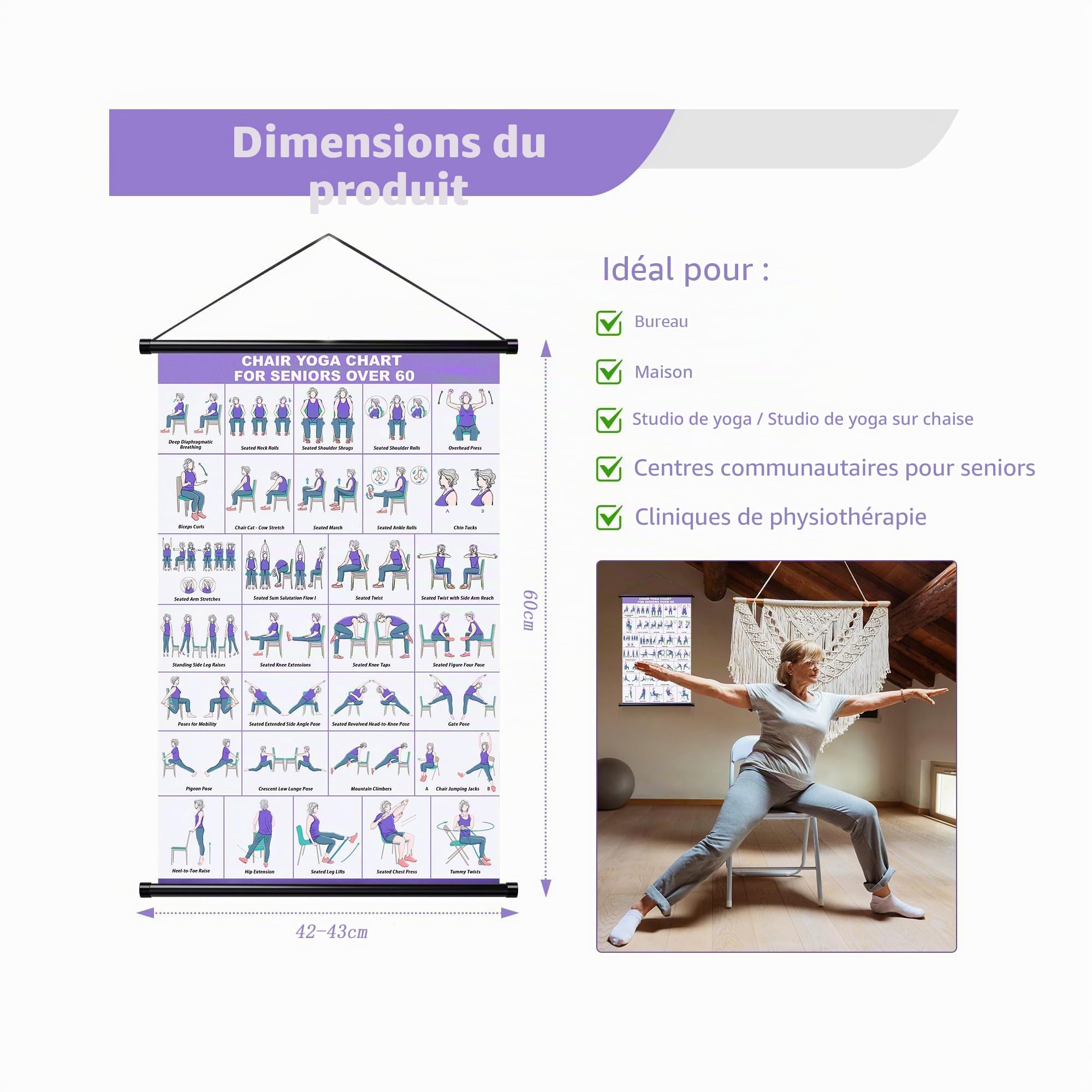 Affiche de yoga sur chaise pour seniors et débutants – tableau mural de yoga en tissu avec barres de suspension – affiche suspendue pour sport maison et mobilité douce, Guide d'activités d'étirement