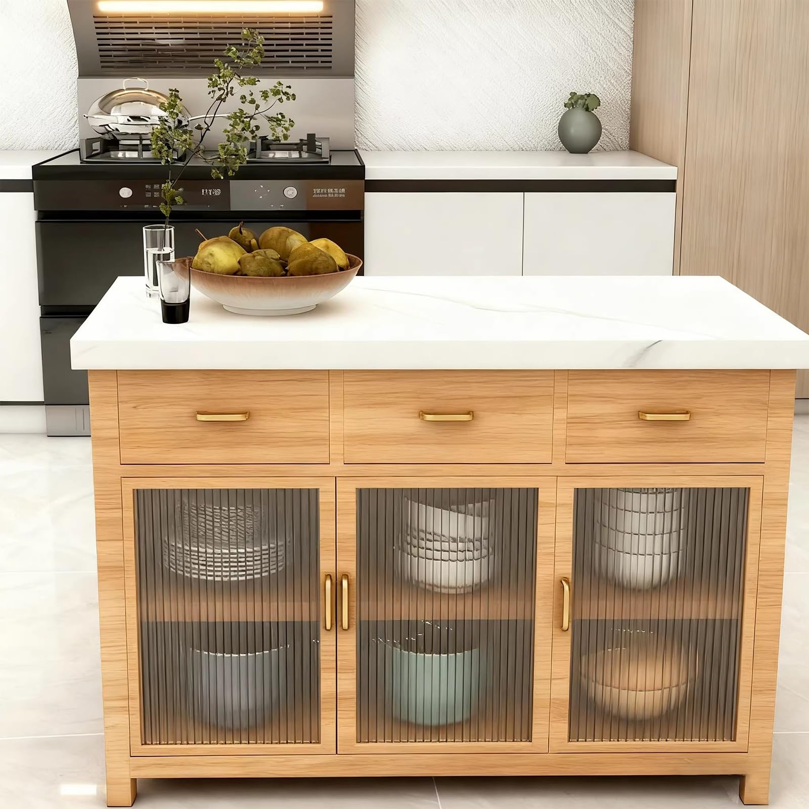 Zf9tBw5sH Unità cucina ad isola Isola cucina con piano in pietra e ante in vetro scanalato. Mobile portaoggetti in legno cassetti