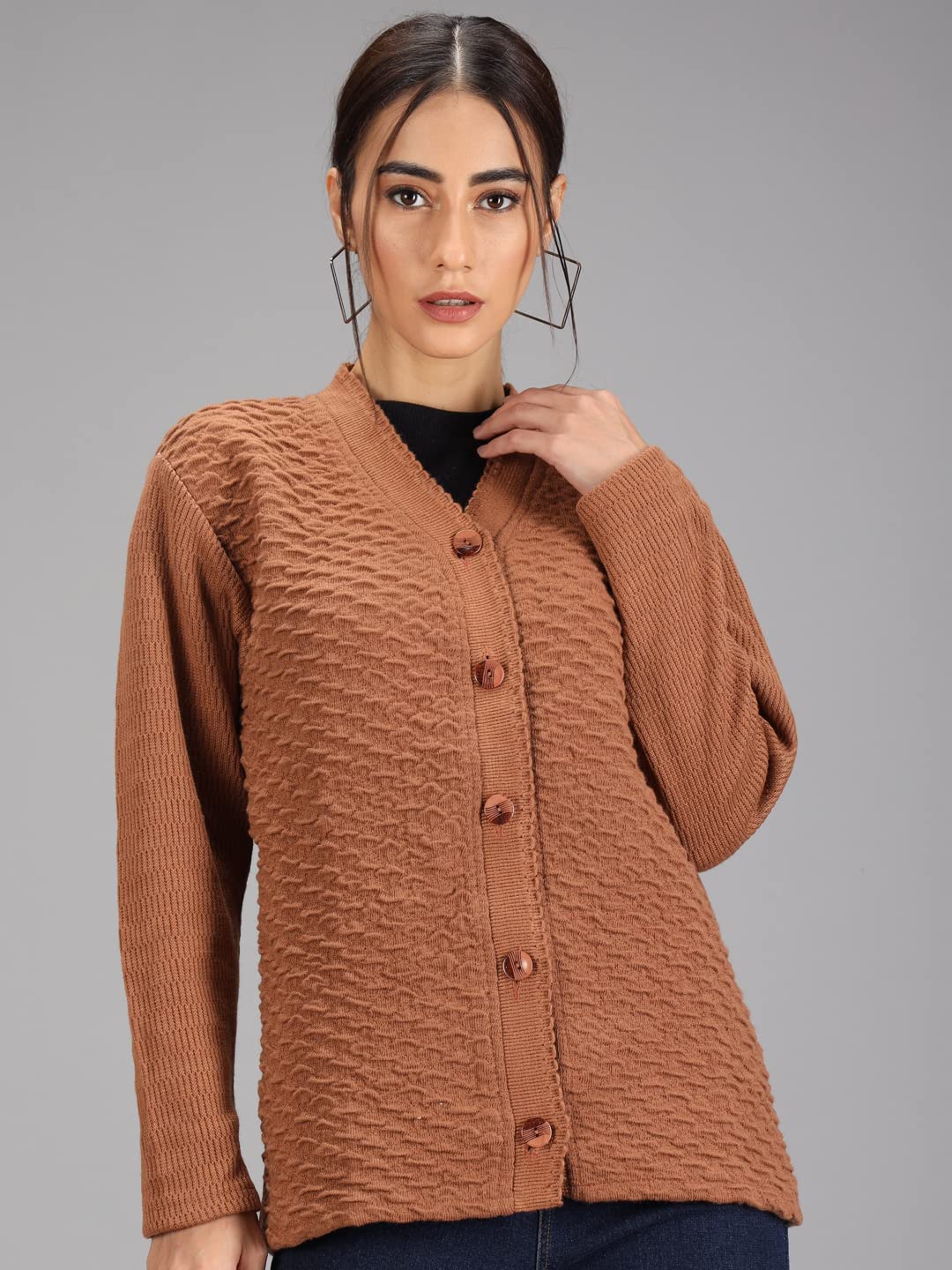 eKools ? Women's Winterwear Woolen V-Neck Sweater Cardigans (L, Brown) - Image 4 thumbnail