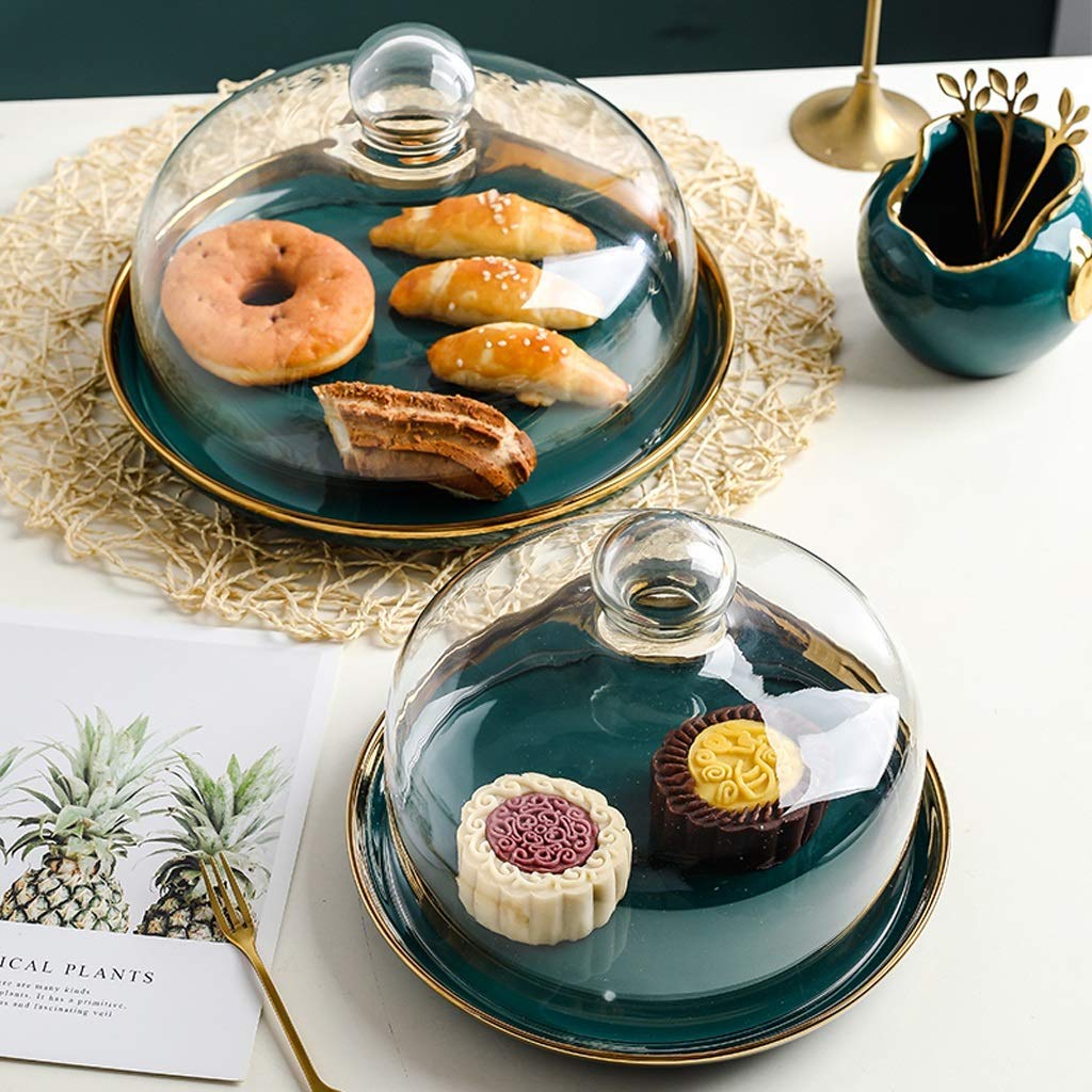MU Soporte para tartas de cerámica verde oscuro, cúpula de cristal transparente, cubierta de polvo para pan y postre, bandeja de exhibición de té de tarde y postre, 20 cm