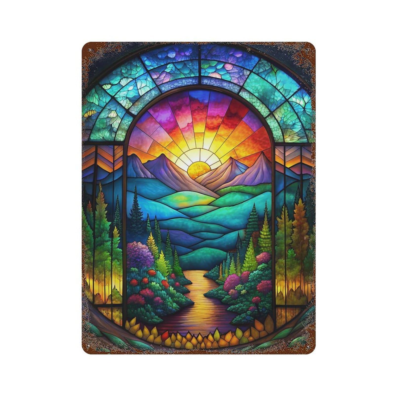 Stained Glass Nature Scene Decorative Tin Sign 15.7"x11.8", Farmhouse Wall Decor for Garage, Bar And Workshop Decor